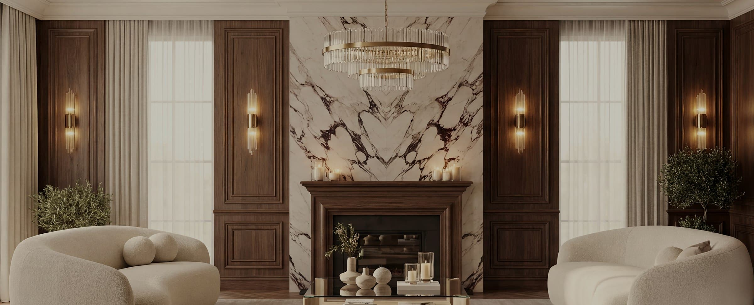 A villa living room combining walnut joinery with marble surfaces