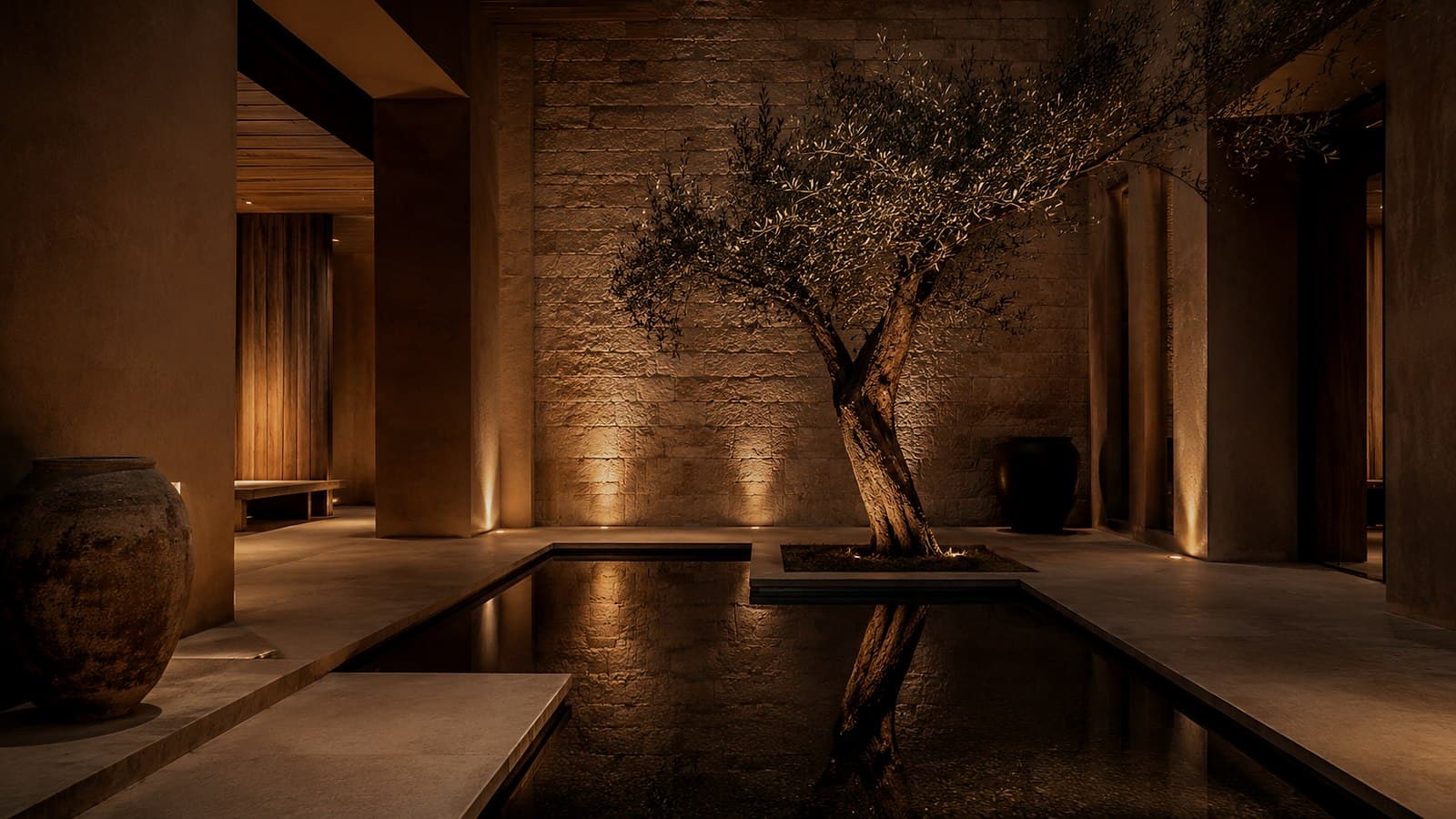 Courtyard with an olive tree standing in a shallow water court