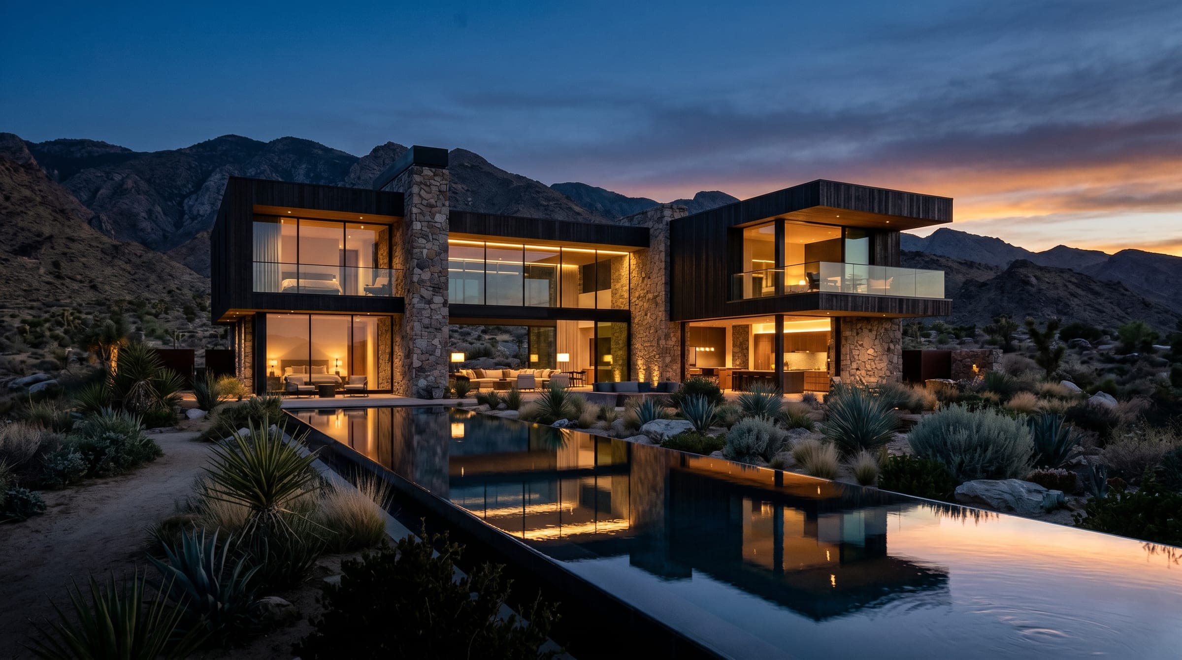 A villa exterior at dusk with deep shaded openings