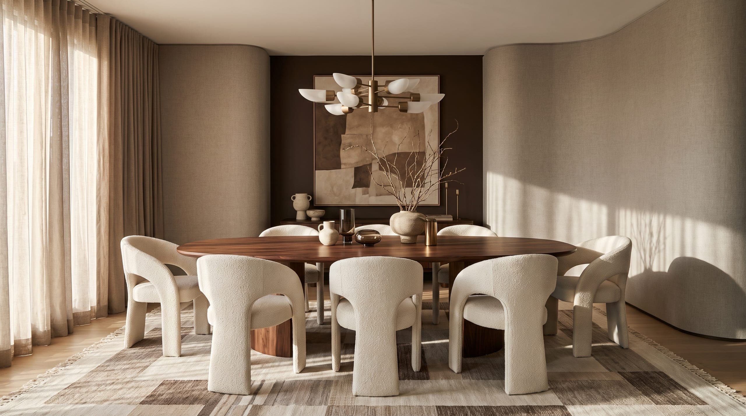 A dining space with a walnut table and upholstered chairs