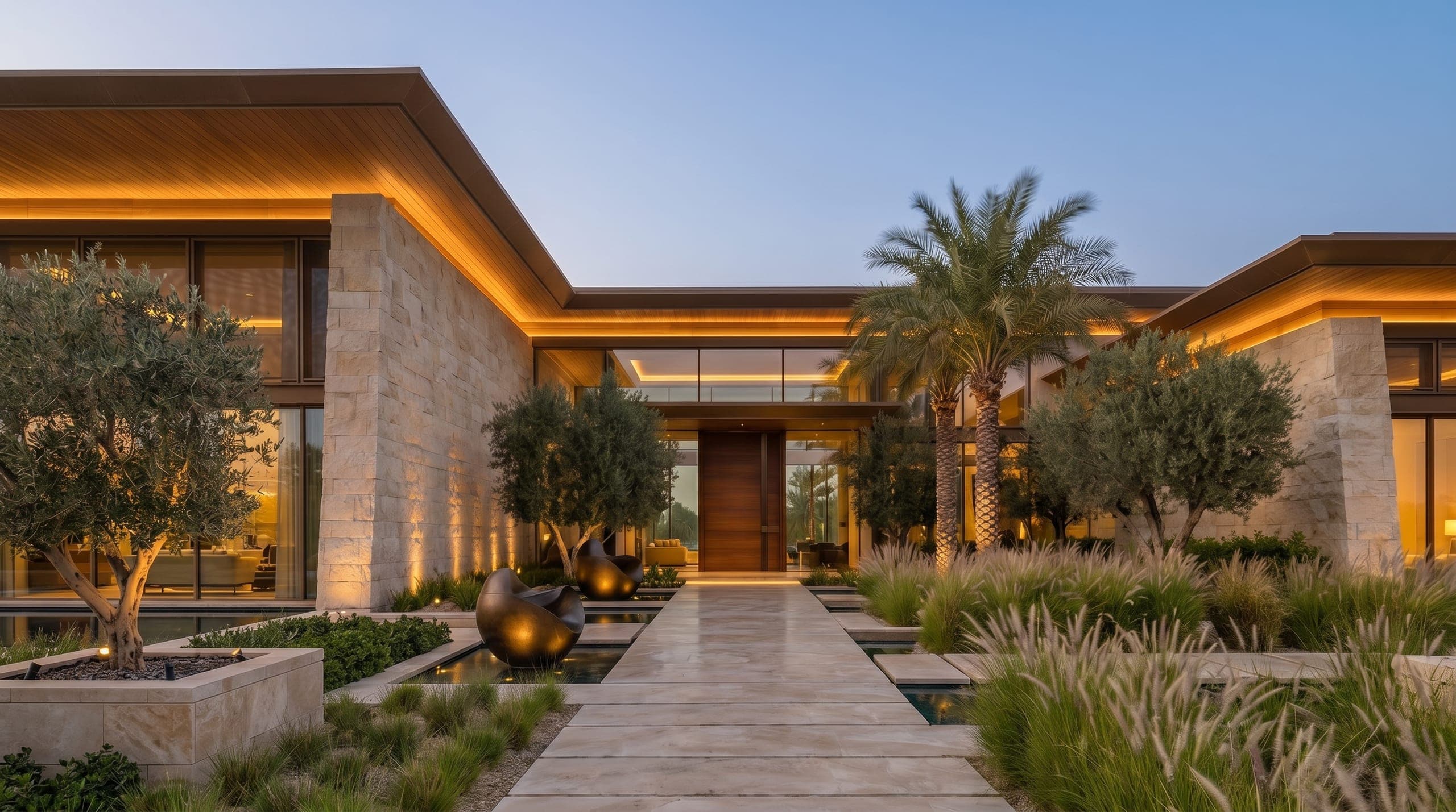 Design visualisation of the entrance at dusk, a lit timber door framed by olive trees and water rills, by LKYOOB