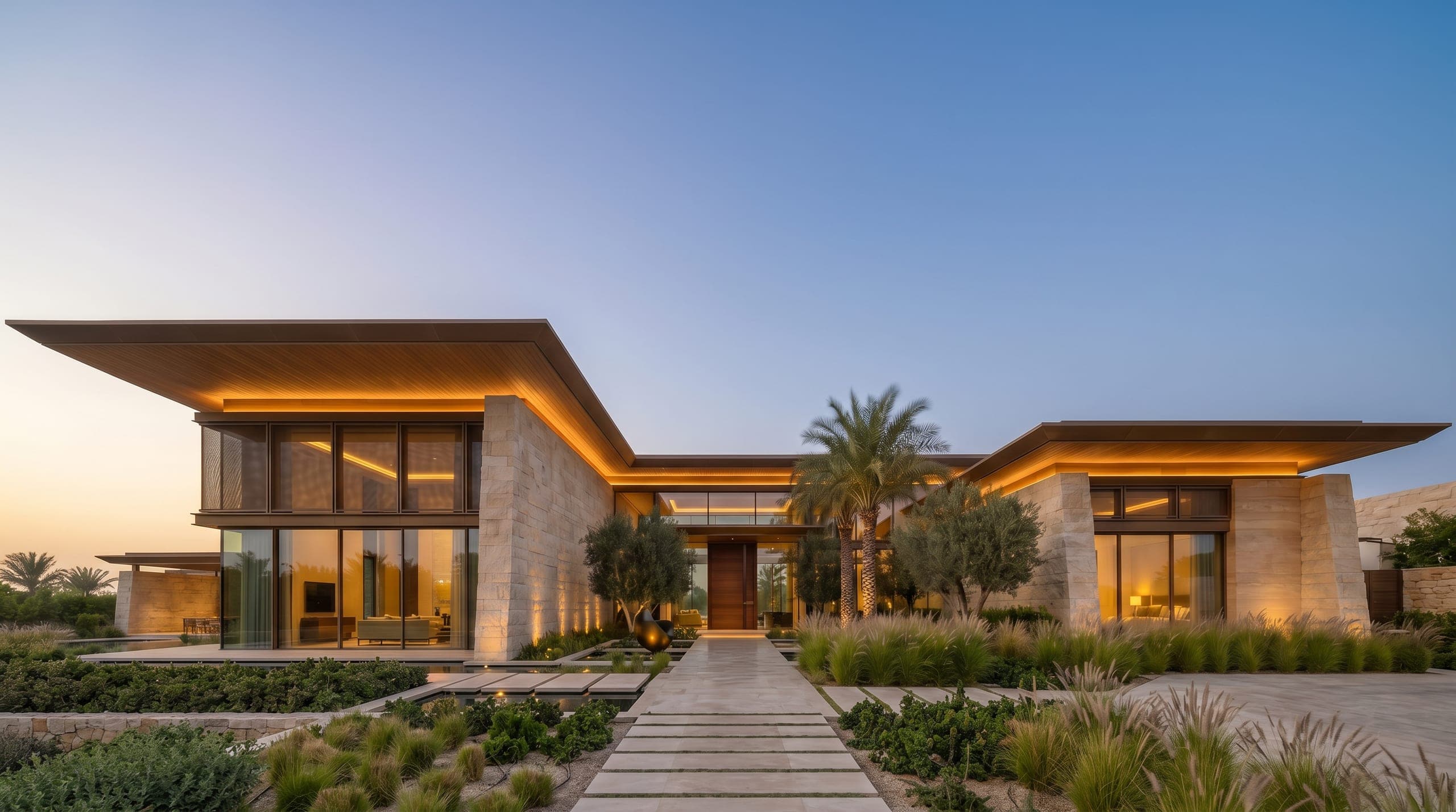 Design visualisation of the winged-roof stone villa lit from below against a dusk sky, by LKYOOB