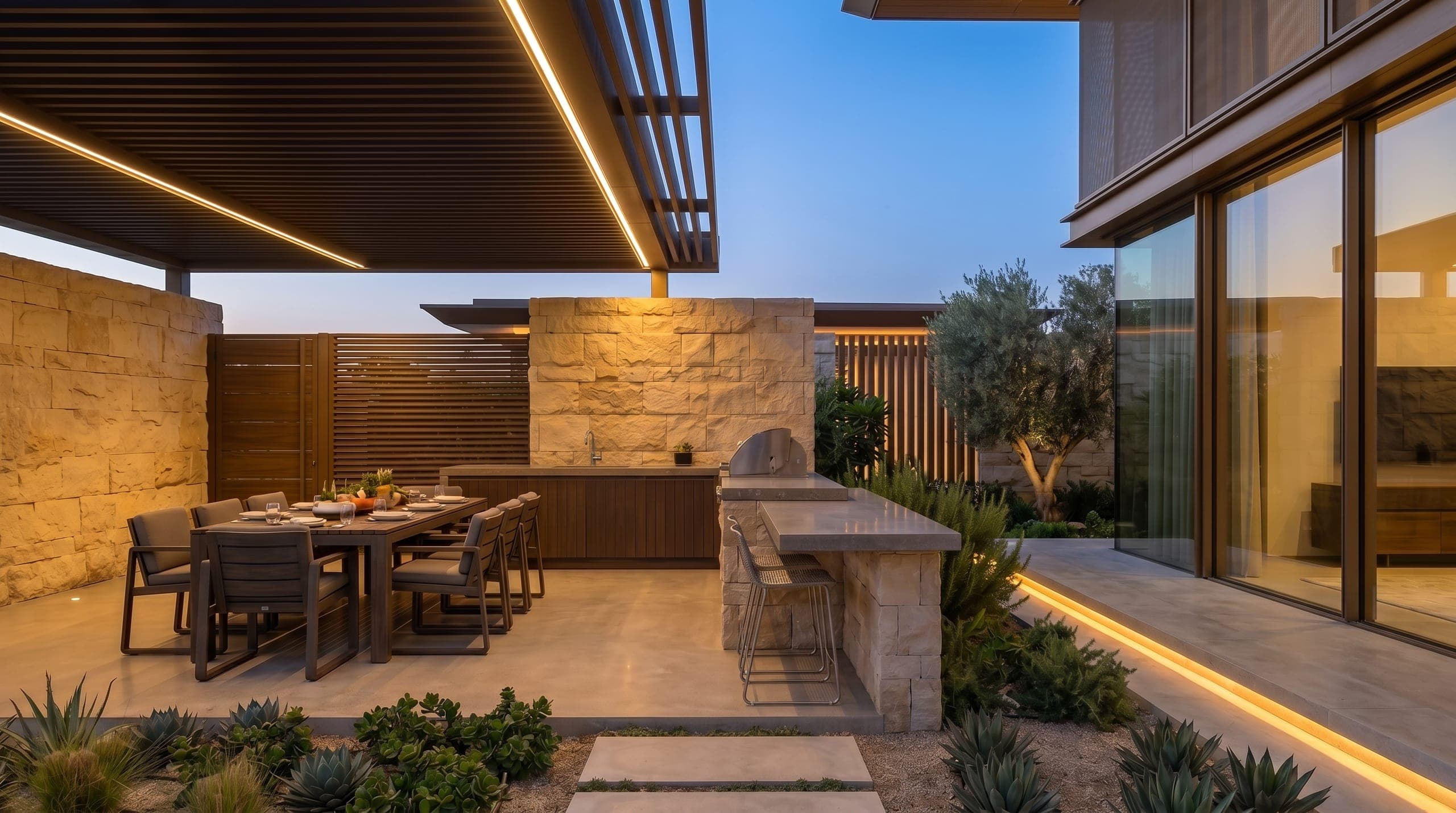 Design visualisation of the outdoor dining terrace with a stone kitchen island under a timber pergola, by LKYOOB