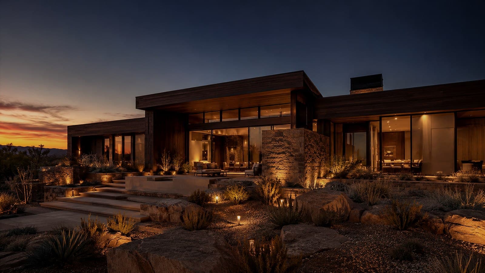 A contemporary villa exterior at dusk, low horizontal massing with warm interior light behind full height glazing