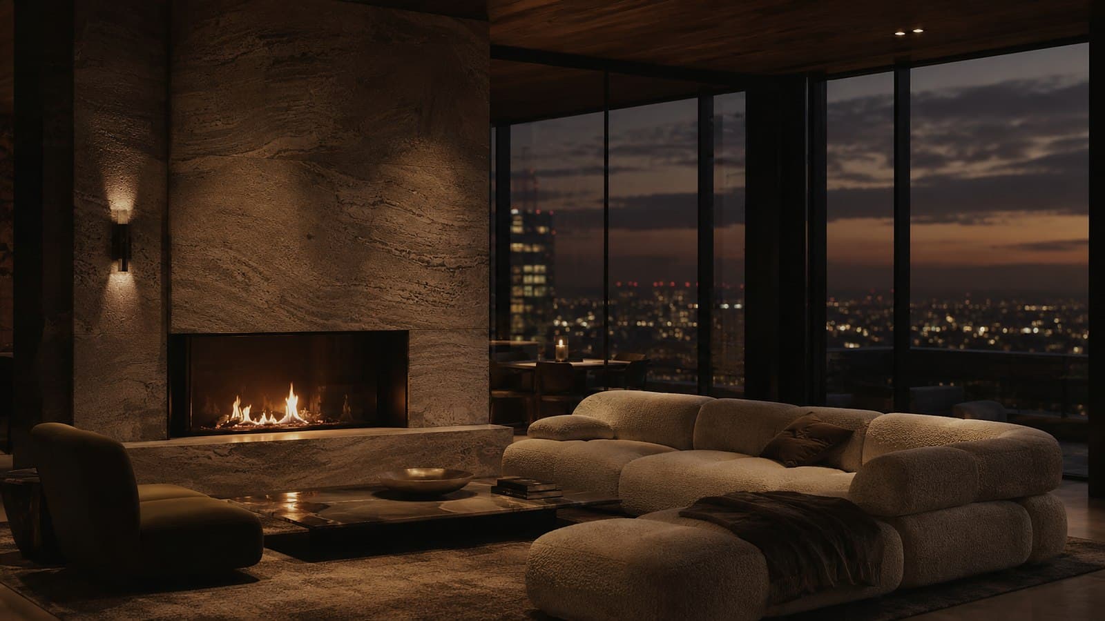 A penthouse living room looking over the city at dusk