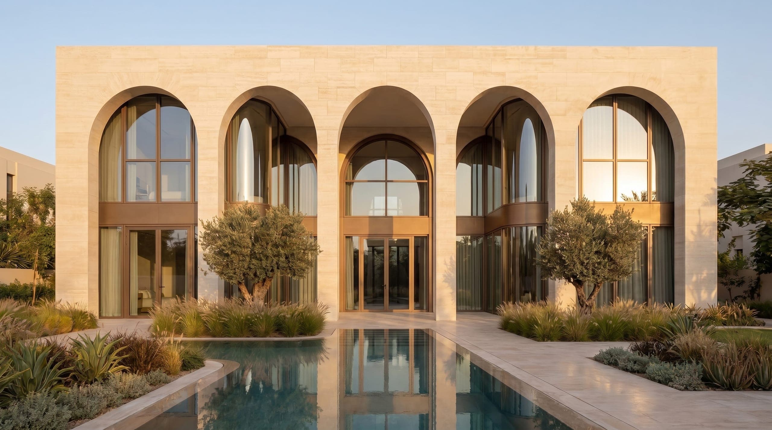 Arch Villa by LKYOOB — a colonnade of tall arches mirrored in a still reflecting pool at golden hour