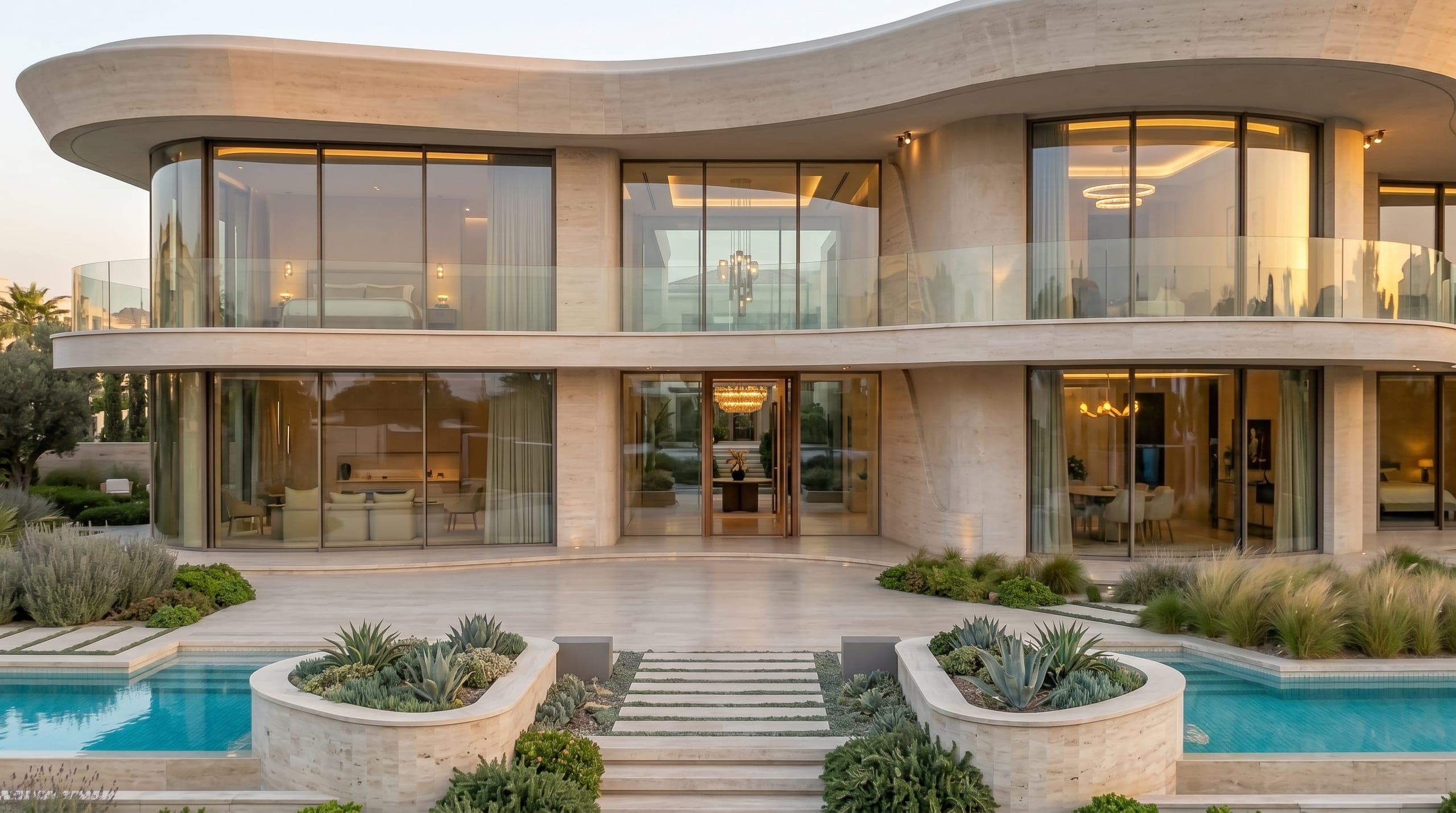 A curved glass villa frontage with agave planting along the approach