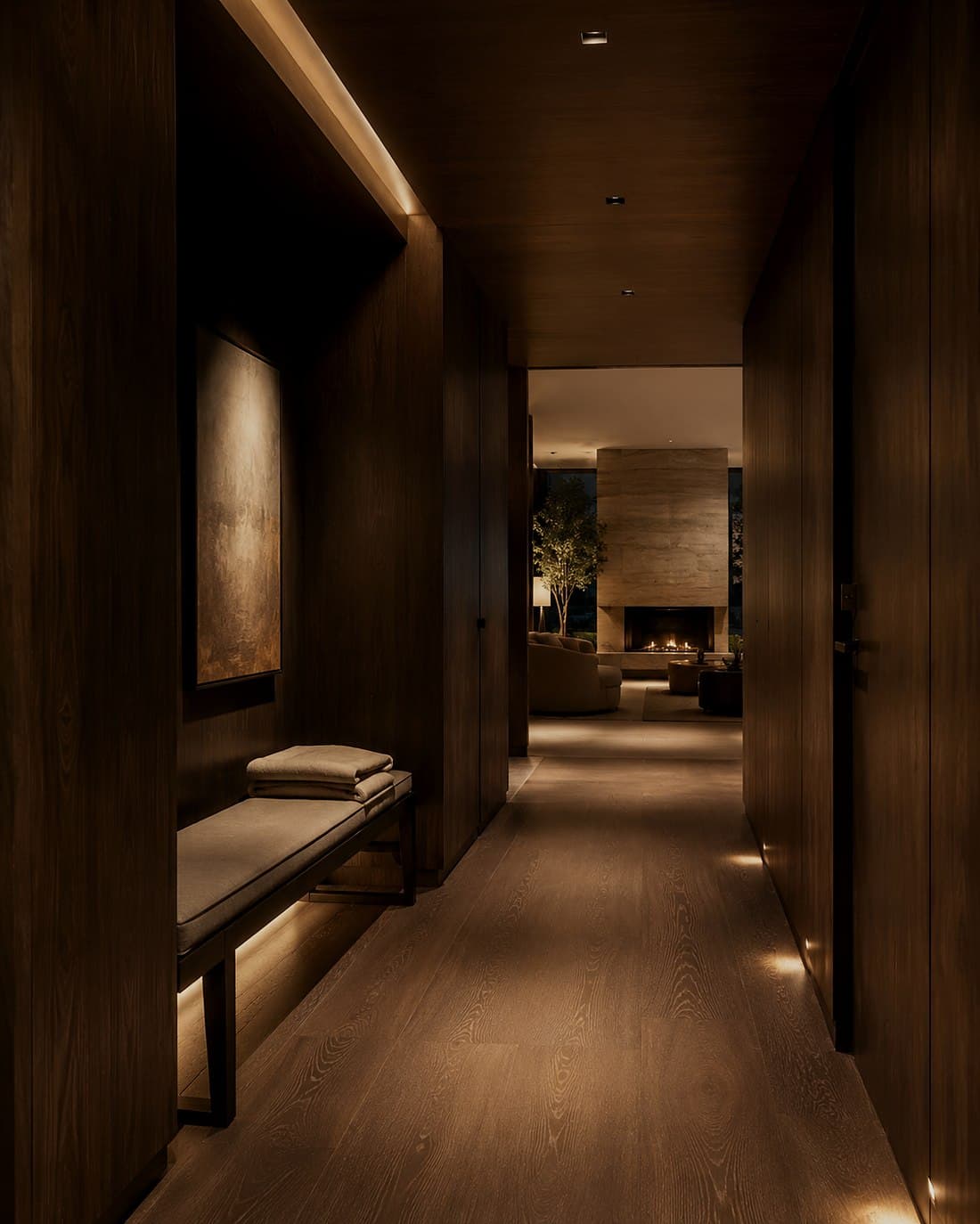 Arrival corridor in linen and pale stone with a long bench