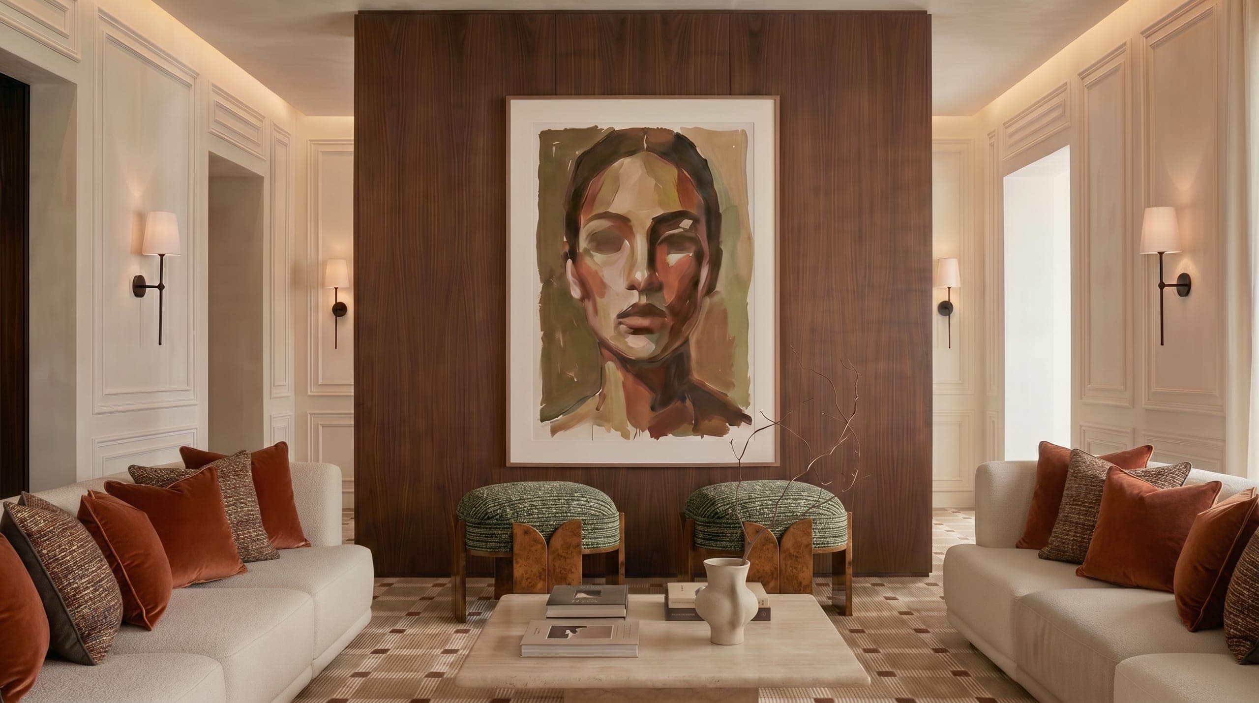 A formal symmetrical seating room with walnut panelling and terracotta upholstery