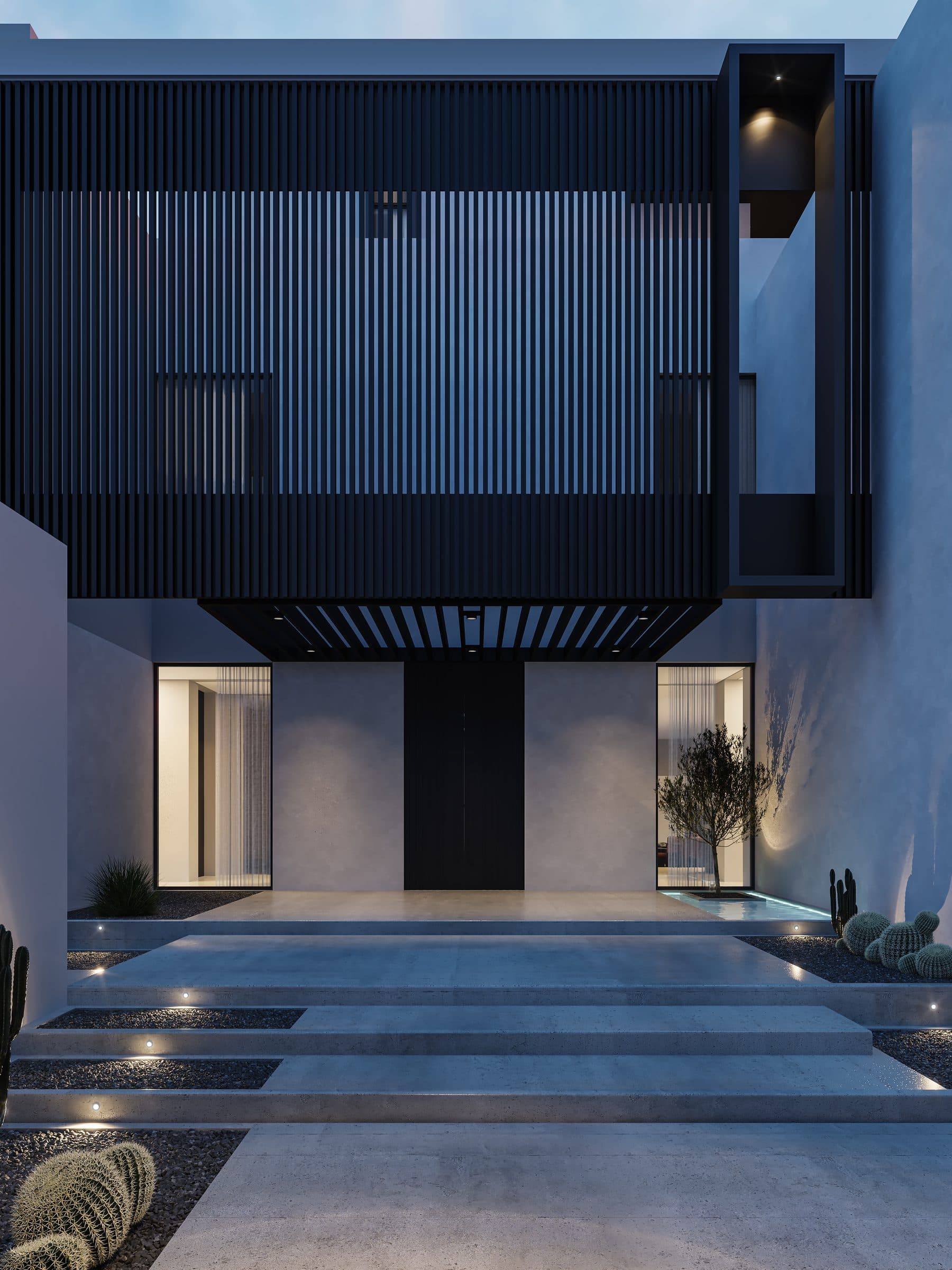 Design visualisation of the entrance steps under the black slatted upper floor at dusk, by LKYOOB
