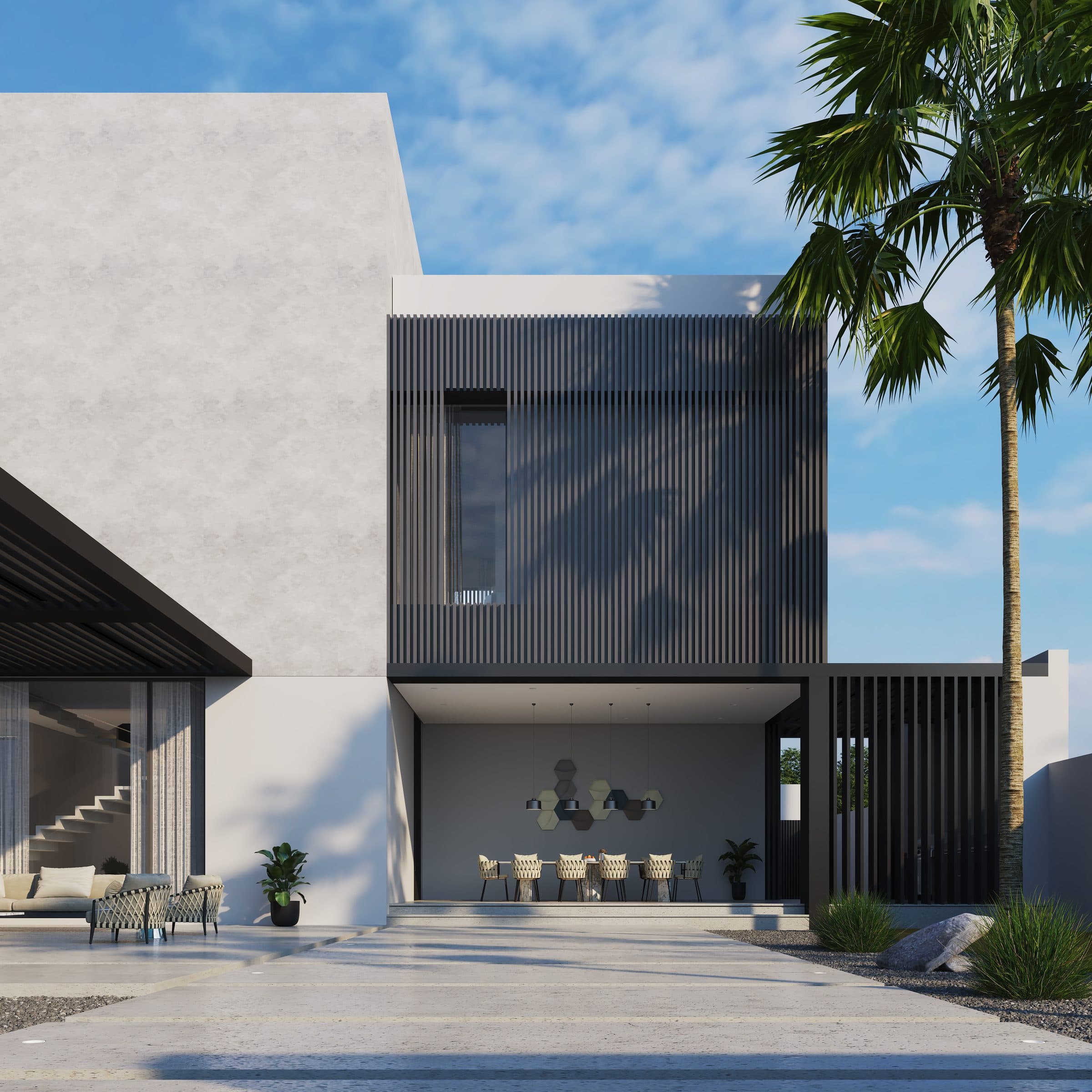 Design visualisation of the courtyard dining area under the slatted volume in daylight, by LKYOOB