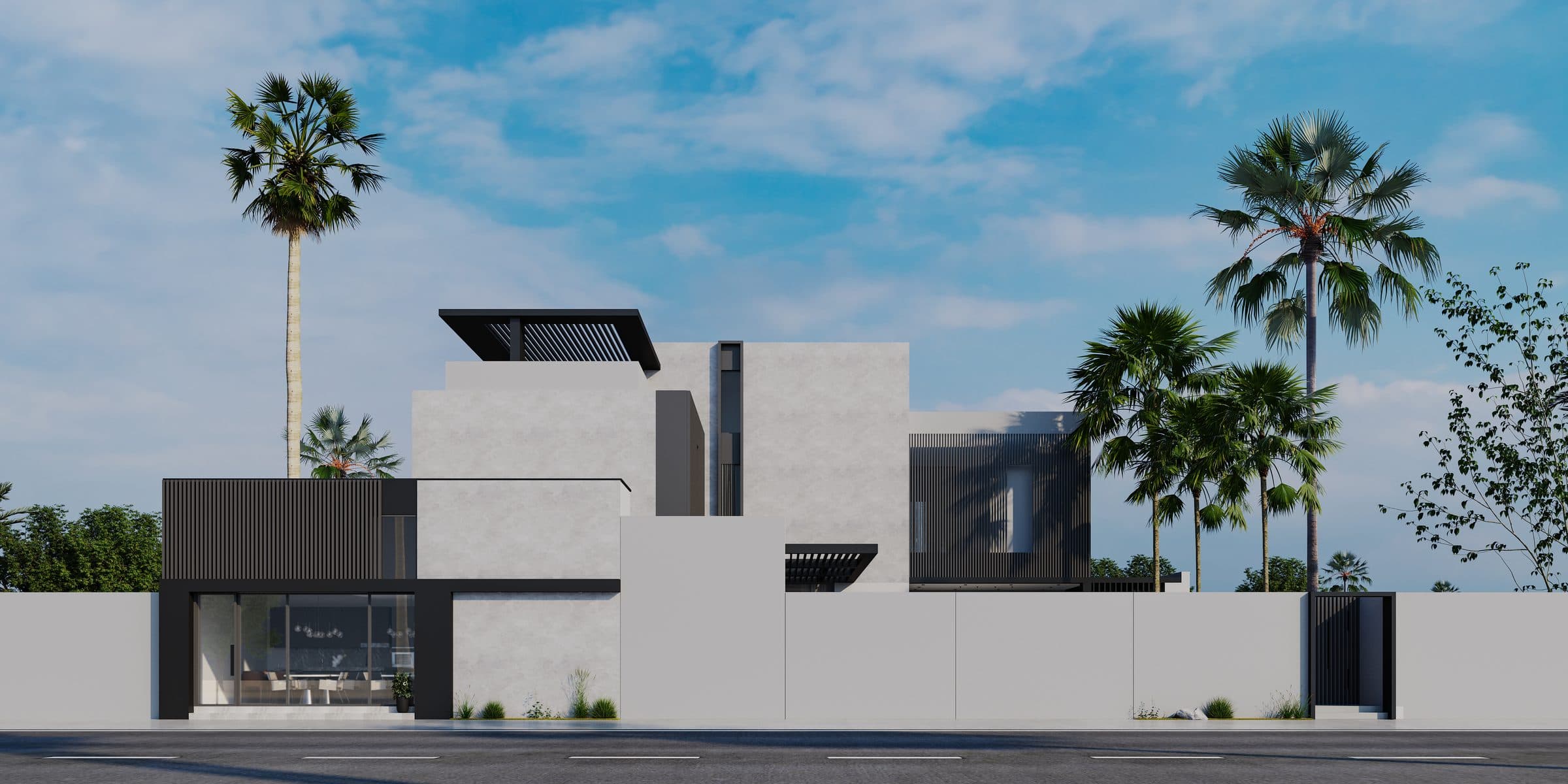 Design visualisation of the street elevation in daylight with the pergola roof and a white boundary wall, by LKYOOB