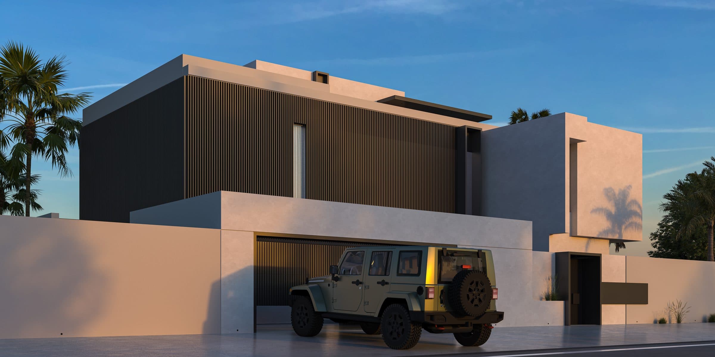 Design visualisation of the street corner and garage in the last light of the day, by LKYOOB