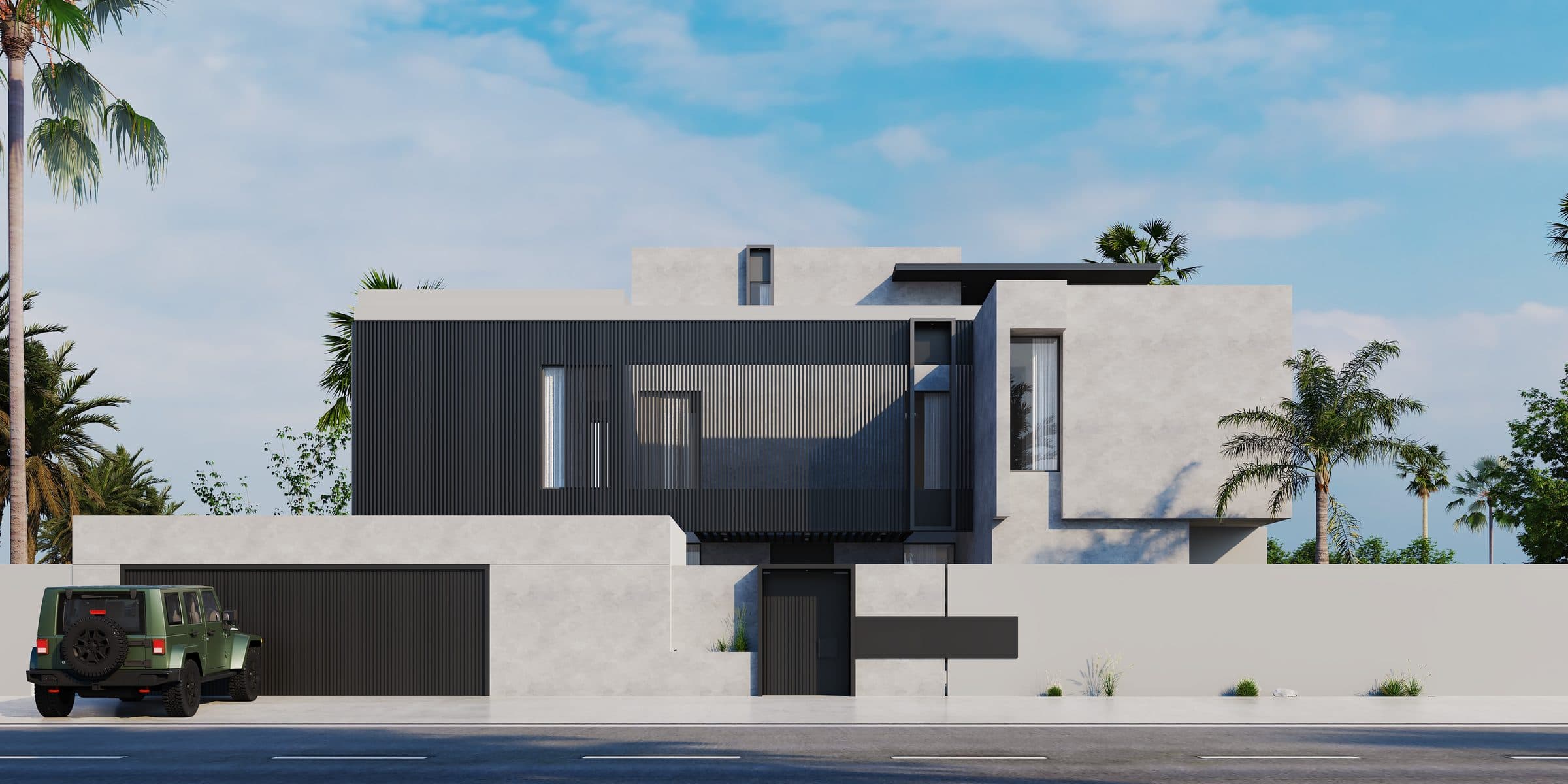 Design visualisation of the front elevation in daylight with the garage, by LKYOOB