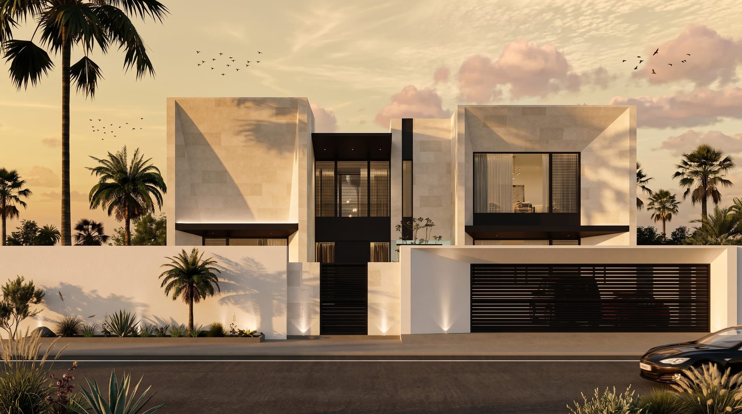 Cubic Void Villa from the street at dusk, stone-clad volumes above an open garage, a LKYOOB design visualisation