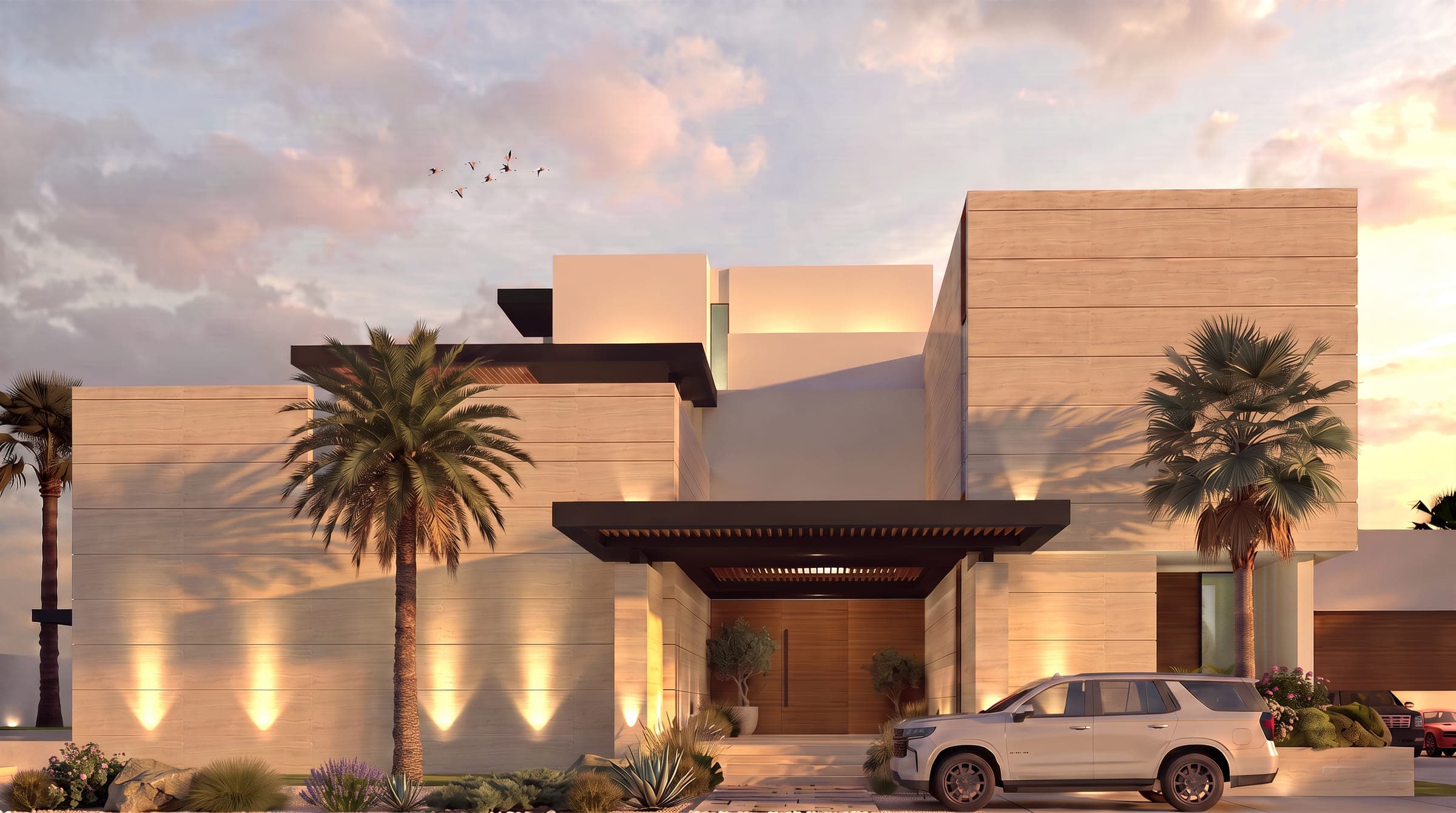 Design visualisation of a travertine villa at dusk with a deep timber canopy over the entrance, a LKYOOB villa design