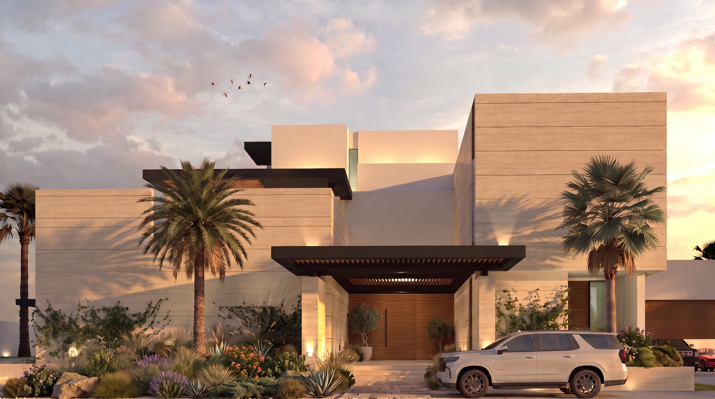 Design visualisation of the street elevation at dusk, travertine and white volumes behind palms, by LKYOOB