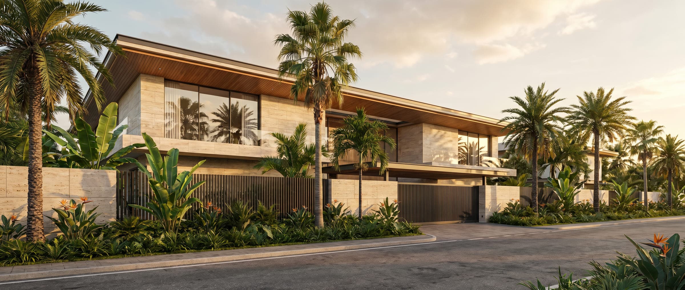 Ground House from the street, a flat-roofed villa in travertine and timber under a deep soffit, with palms behind the boundary wall, a LKYOOB design visualisation