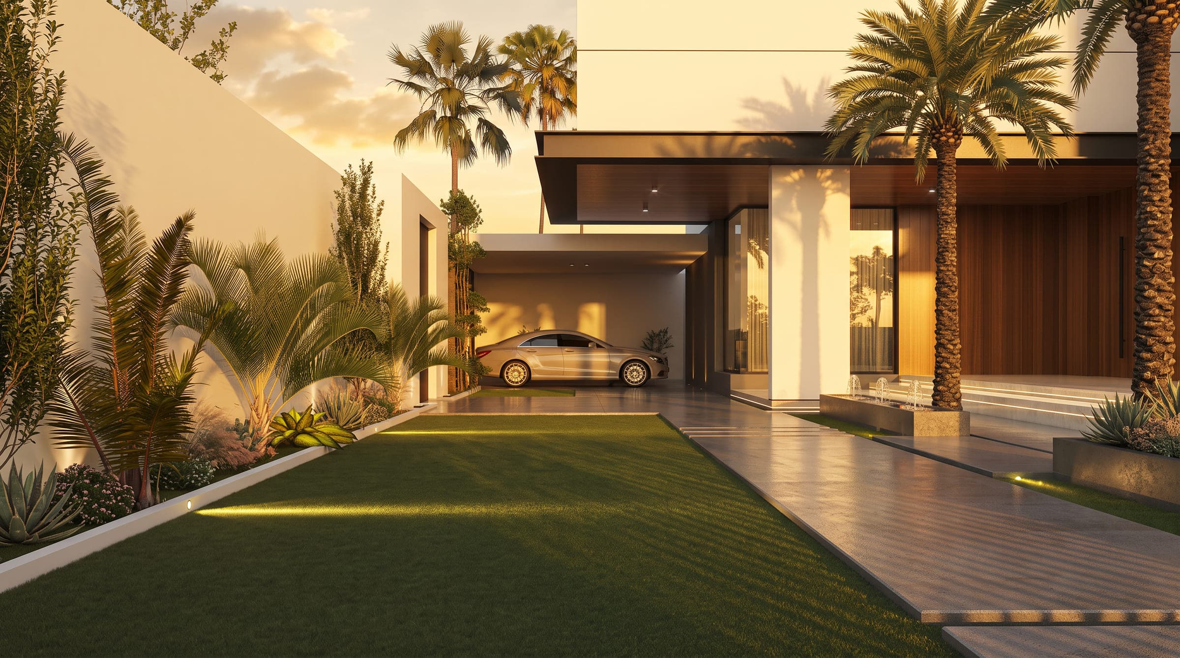 The approach to Shadow House at sunset, a lawn beside the drive under a deep timber canopy, a LKYOOB design visualisation
