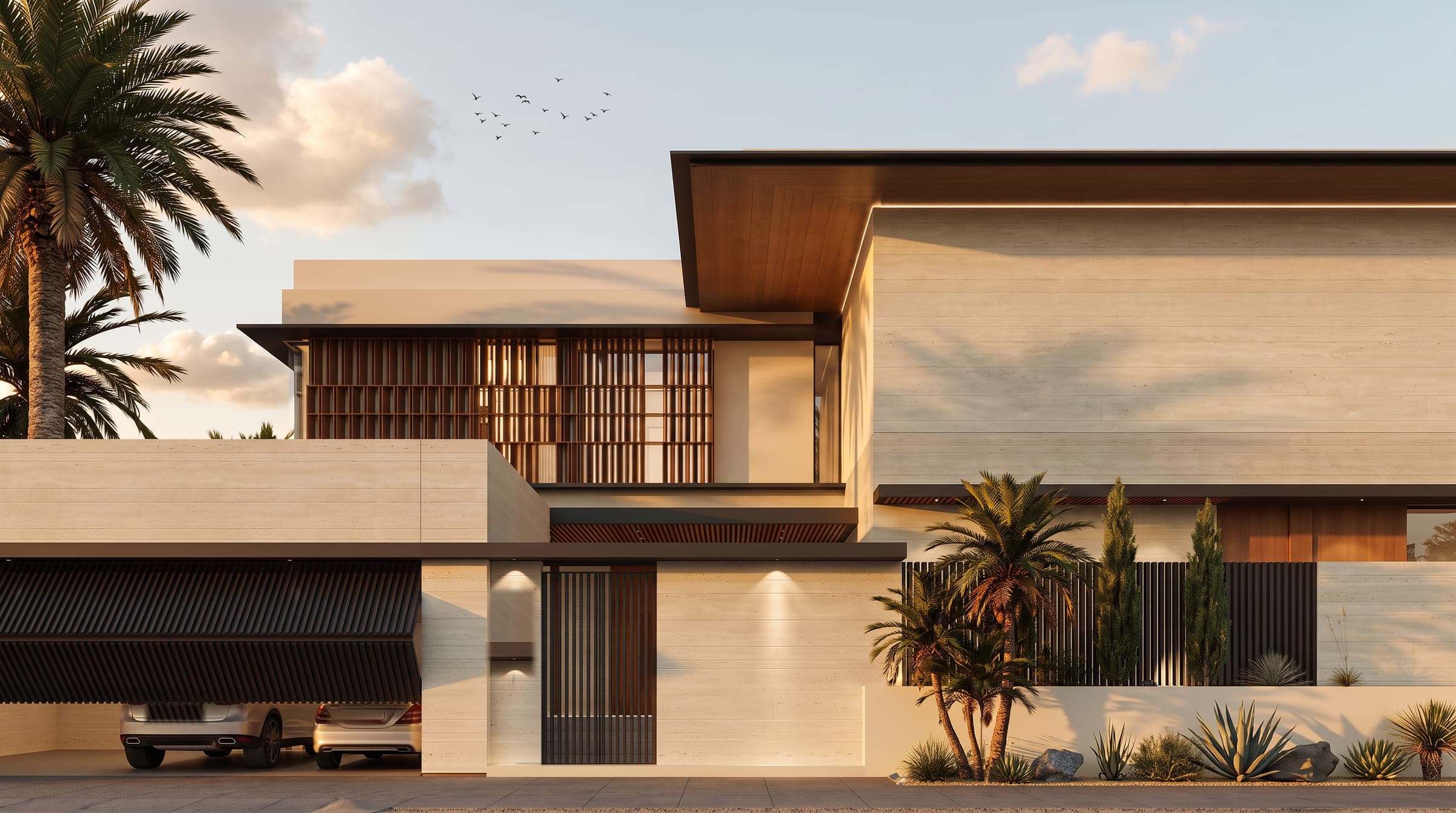 Swan Grid Villa from the street, a travertine villa with a timber screened entrance beside an open garage, a LKYOOB design visualisation