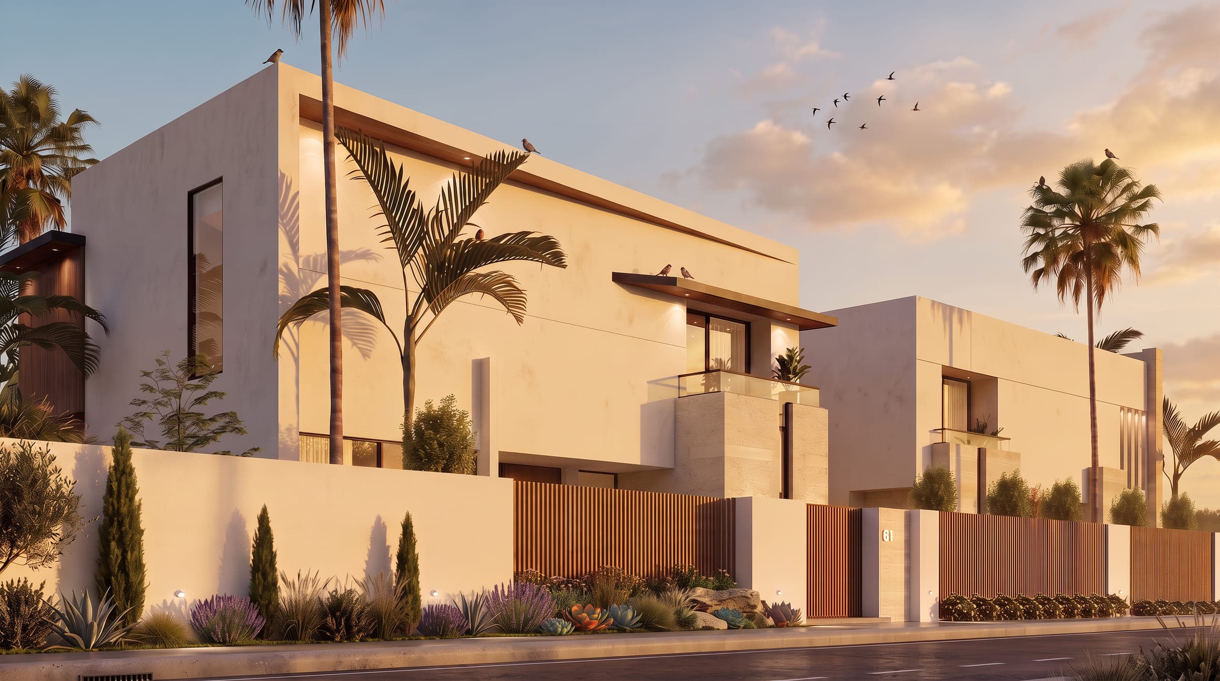 The Cube 61 drawn at dusk from the street, a travertine and white villa behind a timber slat gate and planted verge, a LKYOOB design visualisation
