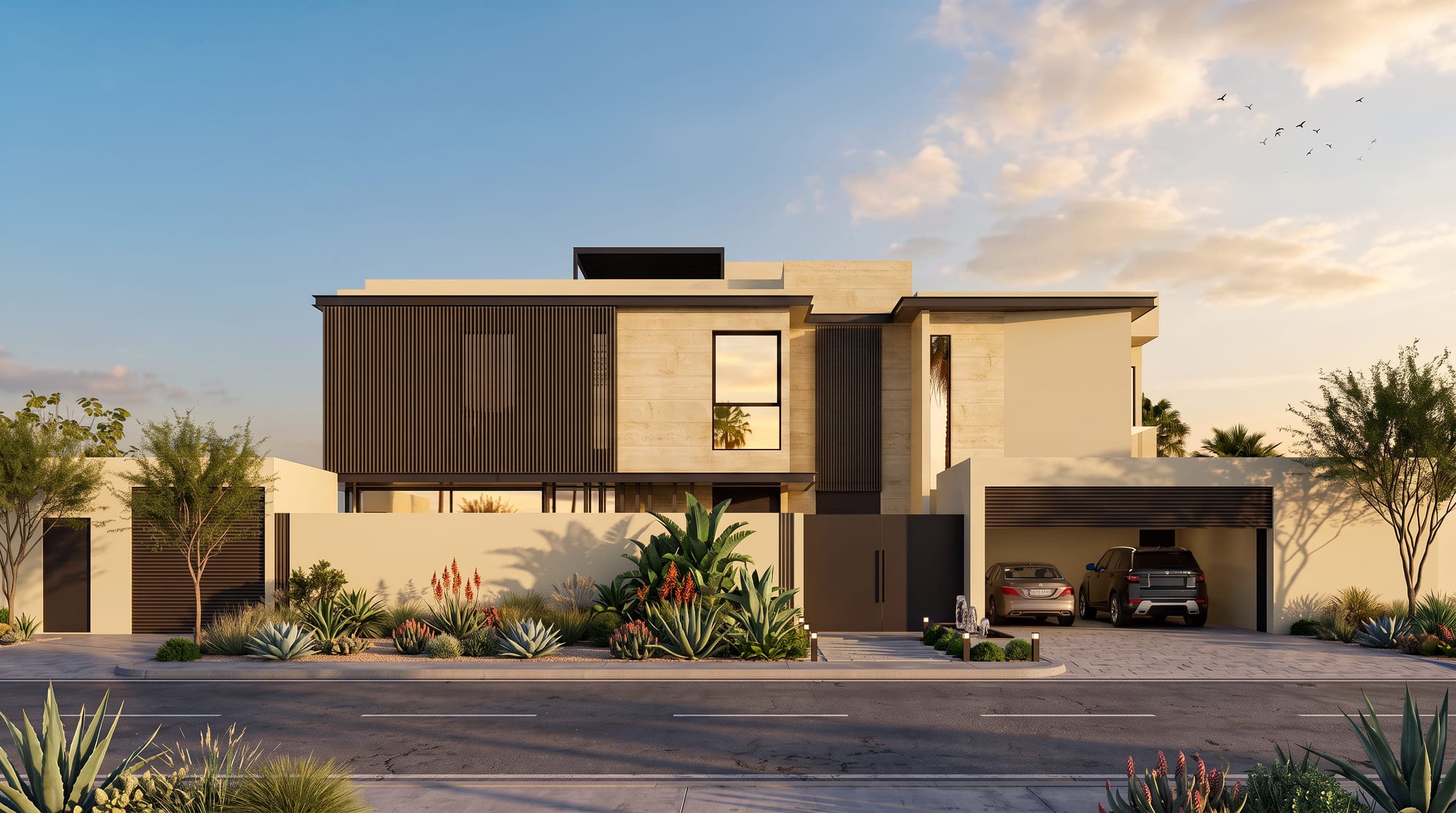 The Raw Villa from the street, a timber-screened upper storey above a white boundary wall and desert planting, a LKYOOB design visualisation