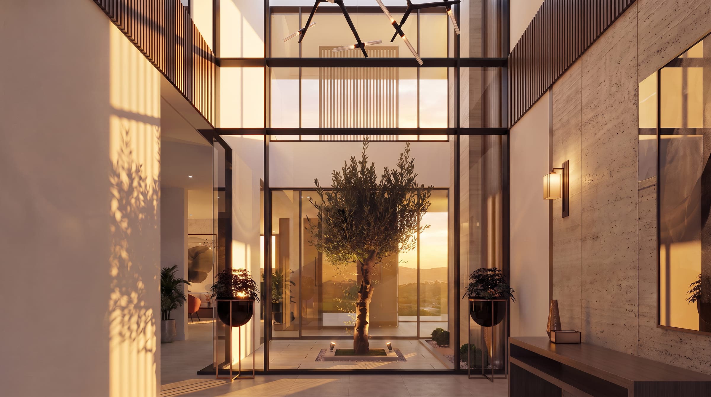 Double-height entrance court at The Raw Villa, an olive tree in a glazed court under timber fins, a LKYOOB design visualisation