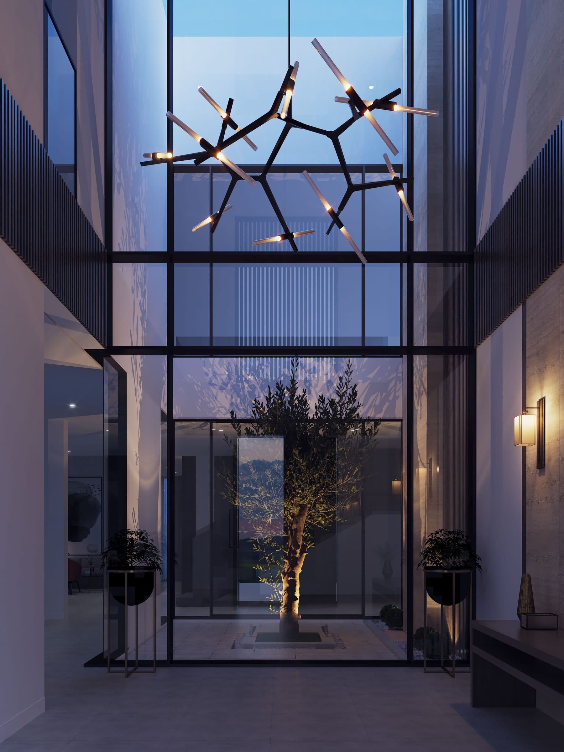 Design visualisation of the double-height glazed hall with an olive tree and chandelier, by LKYOOB