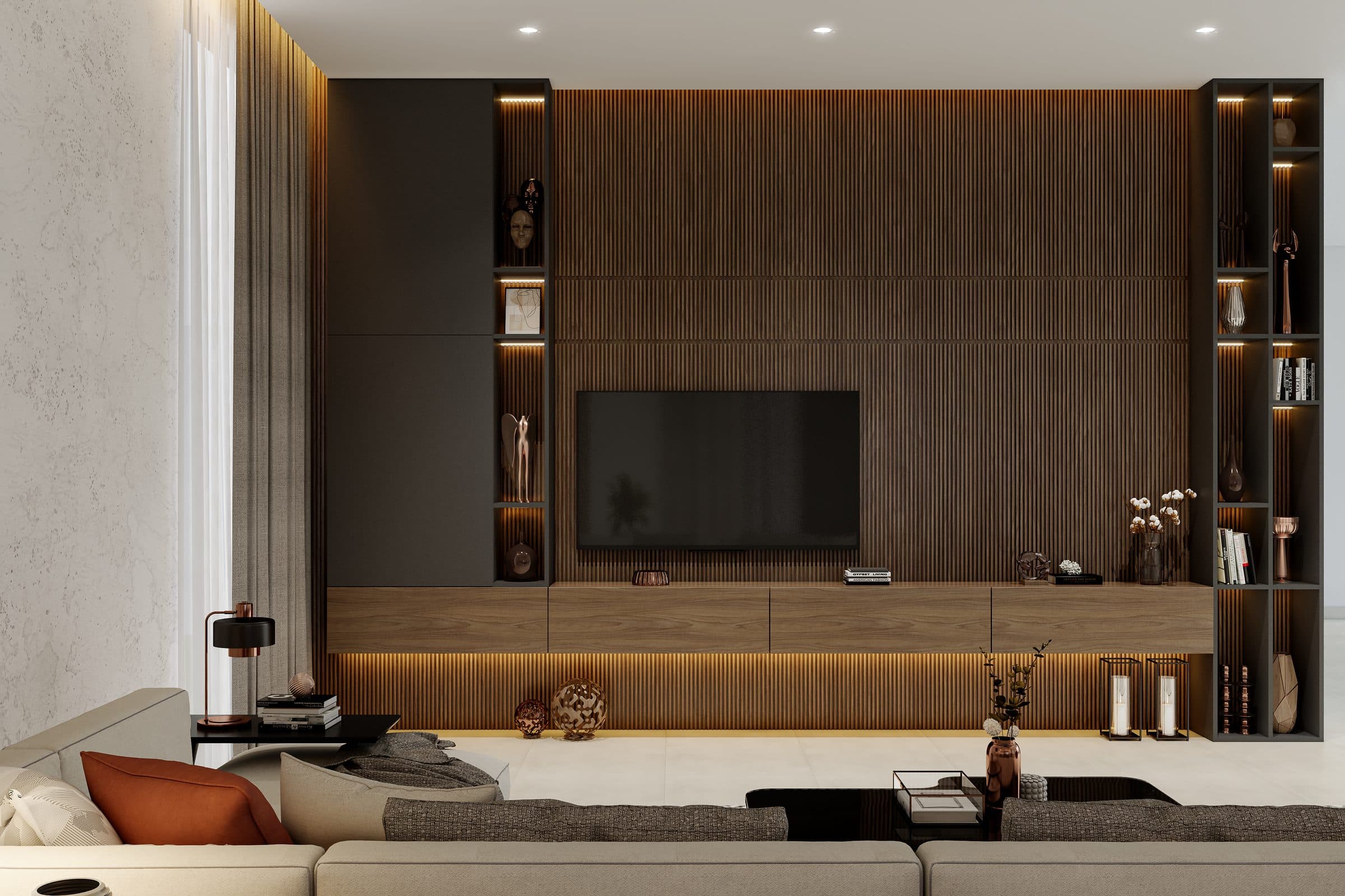 Design visualisation of the family living room with a walnut slat wall, by LKYOOB