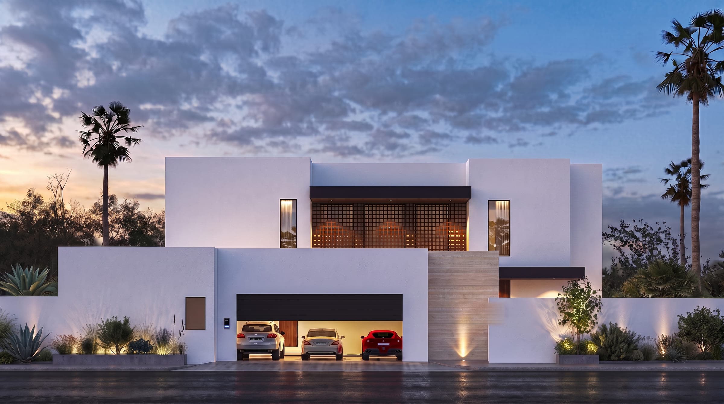 The Veil from the street at dusk, a white villa with a screened upper storey above an open garage, a LKYOOB design visualisation