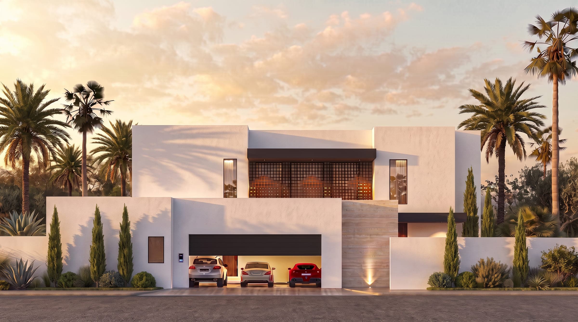 The Veil from the street in late afternoon light, the screened upper storey above the garage, a LKYOOB design visualisation