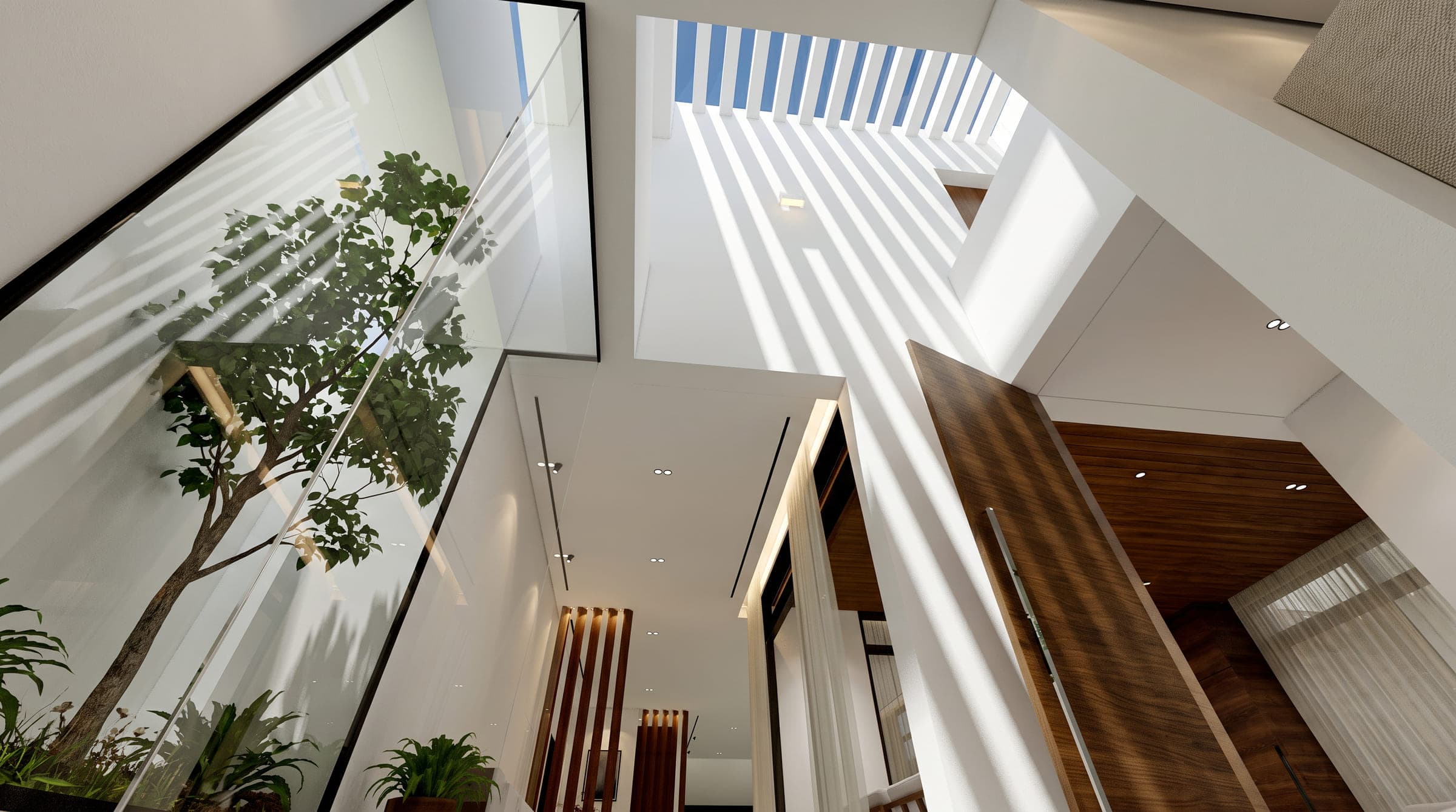 Double-height atrium at The Veil, a tree in a glazed court beside a timber-lined stair, a LKYOOB design visualisation