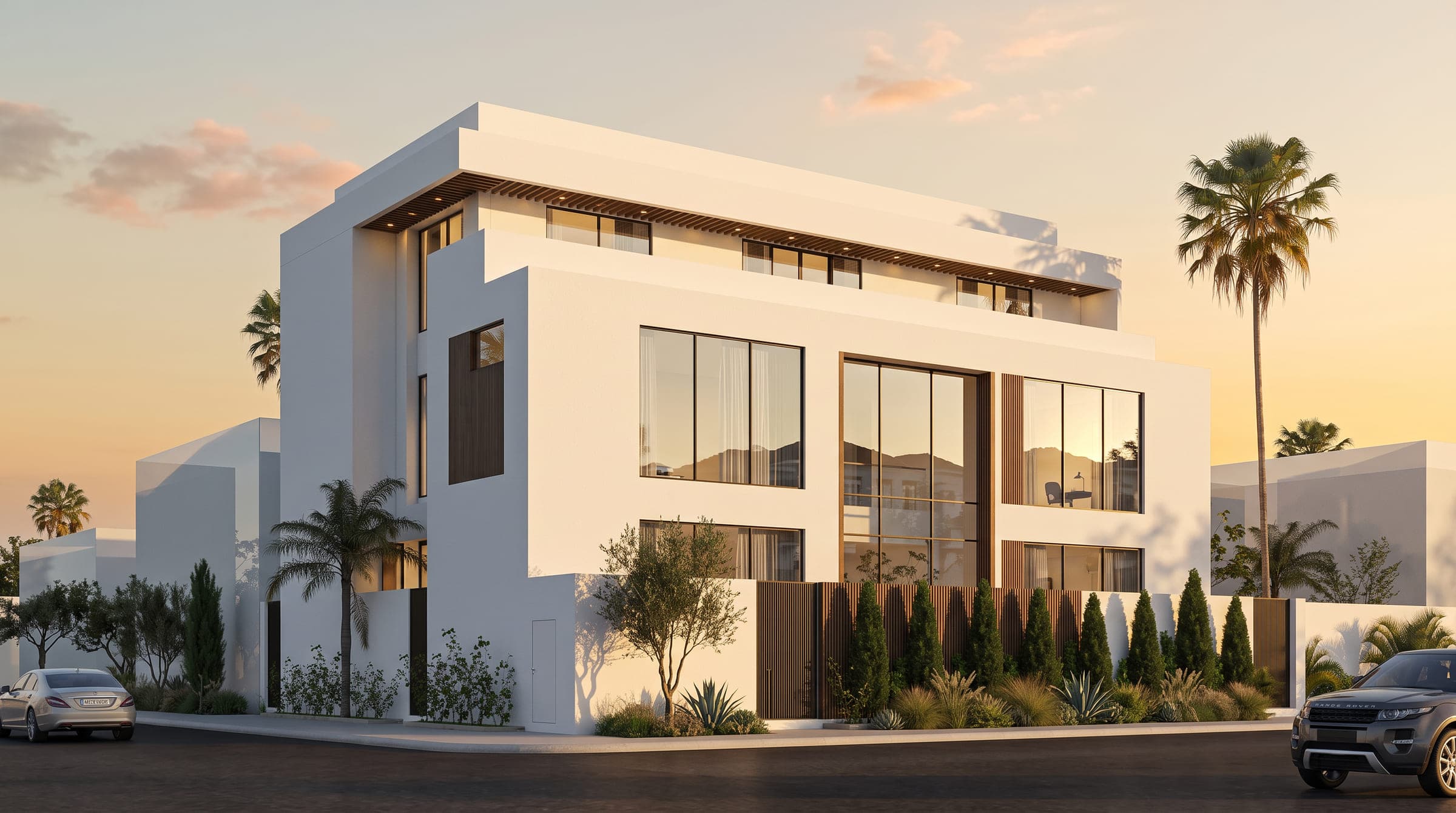 The White Cube from the street corner, a white four-storey house with deep window reveals, a LKYOOB design visualisation