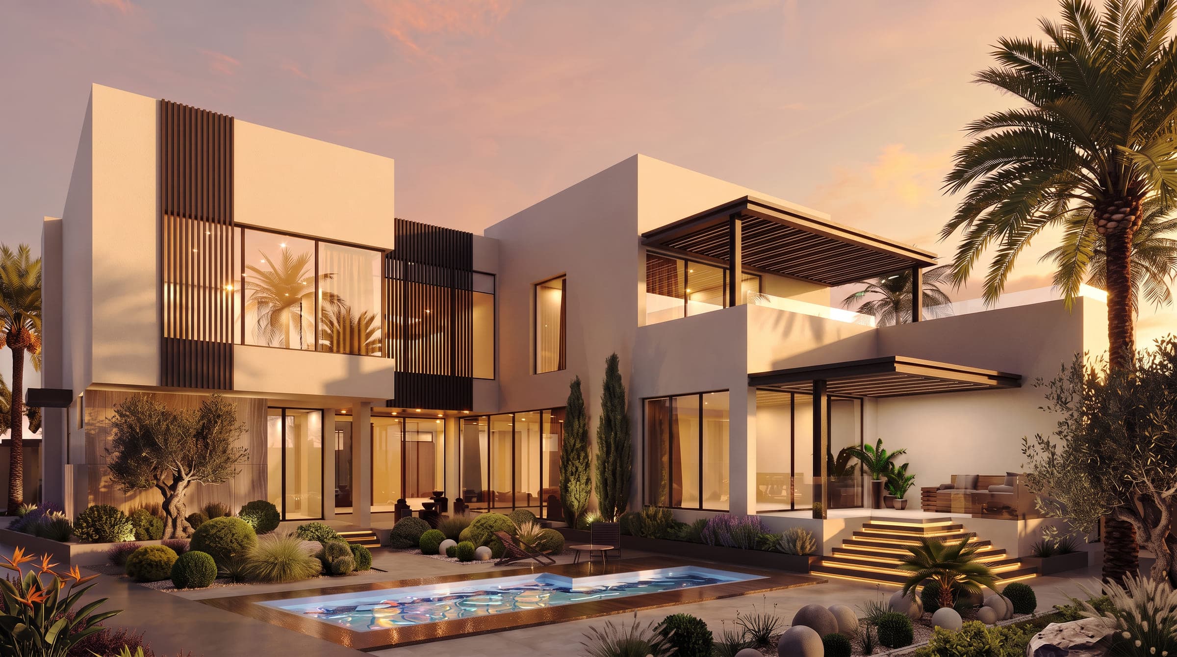 Volumes Villa at dusk from its garden, white volumes with dark timber screens around a lit pool, a LKYOOB design visualisation