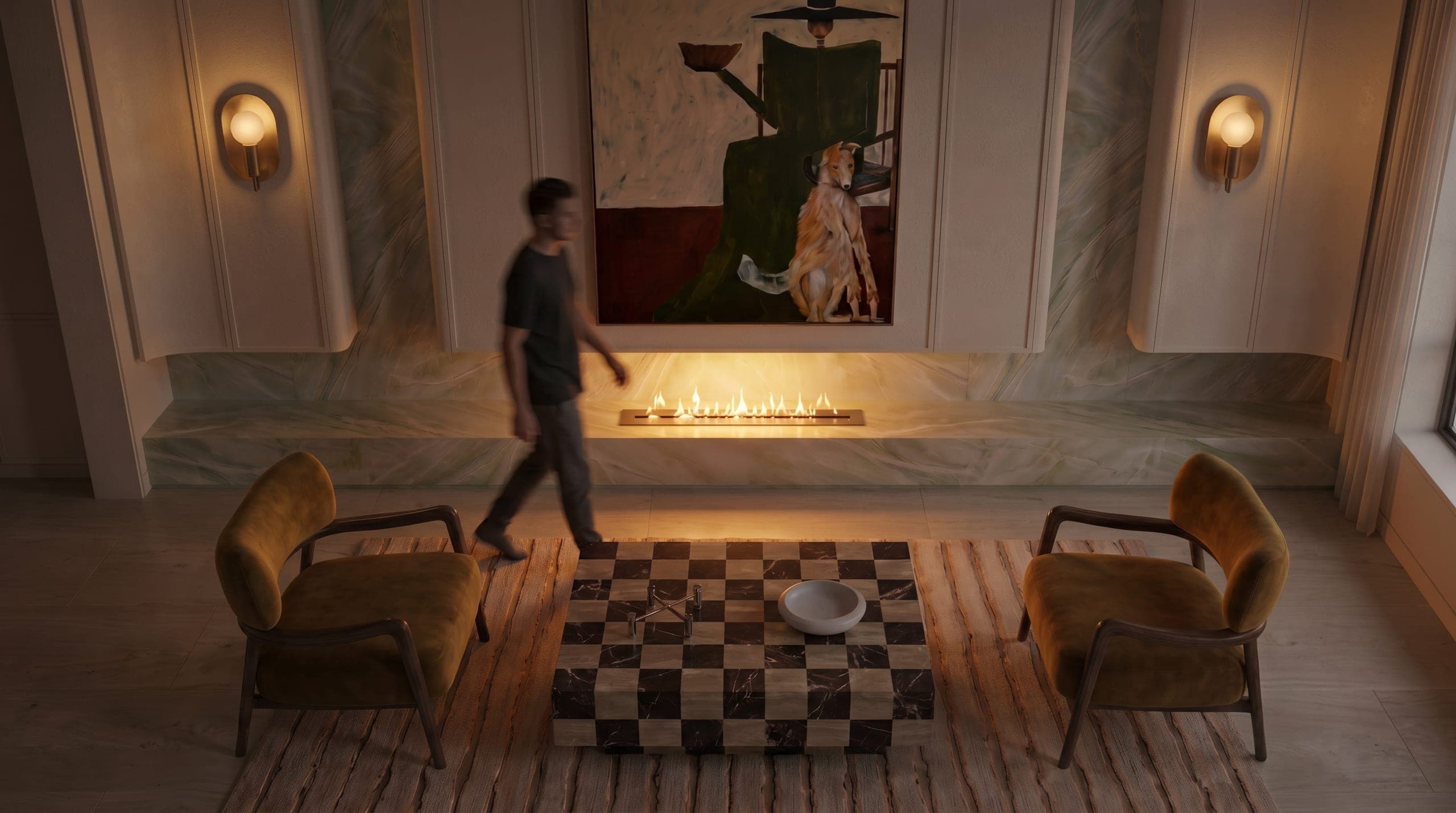 The LKYOOB studio world — a warm lounge with a linear fireplace, mustard armchairs and a figure passing a portrait artwork
