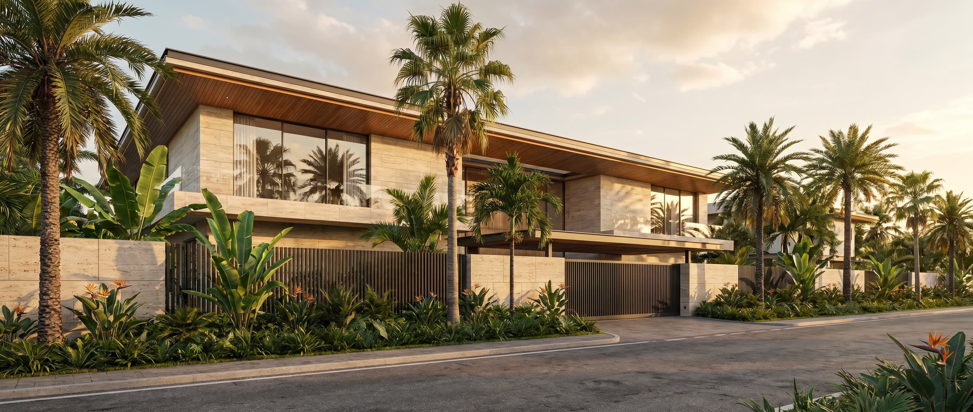A travertine LKYOOB villa at golden hour — palm trees rising over a layered garden wall, timber soffits catching the last sun