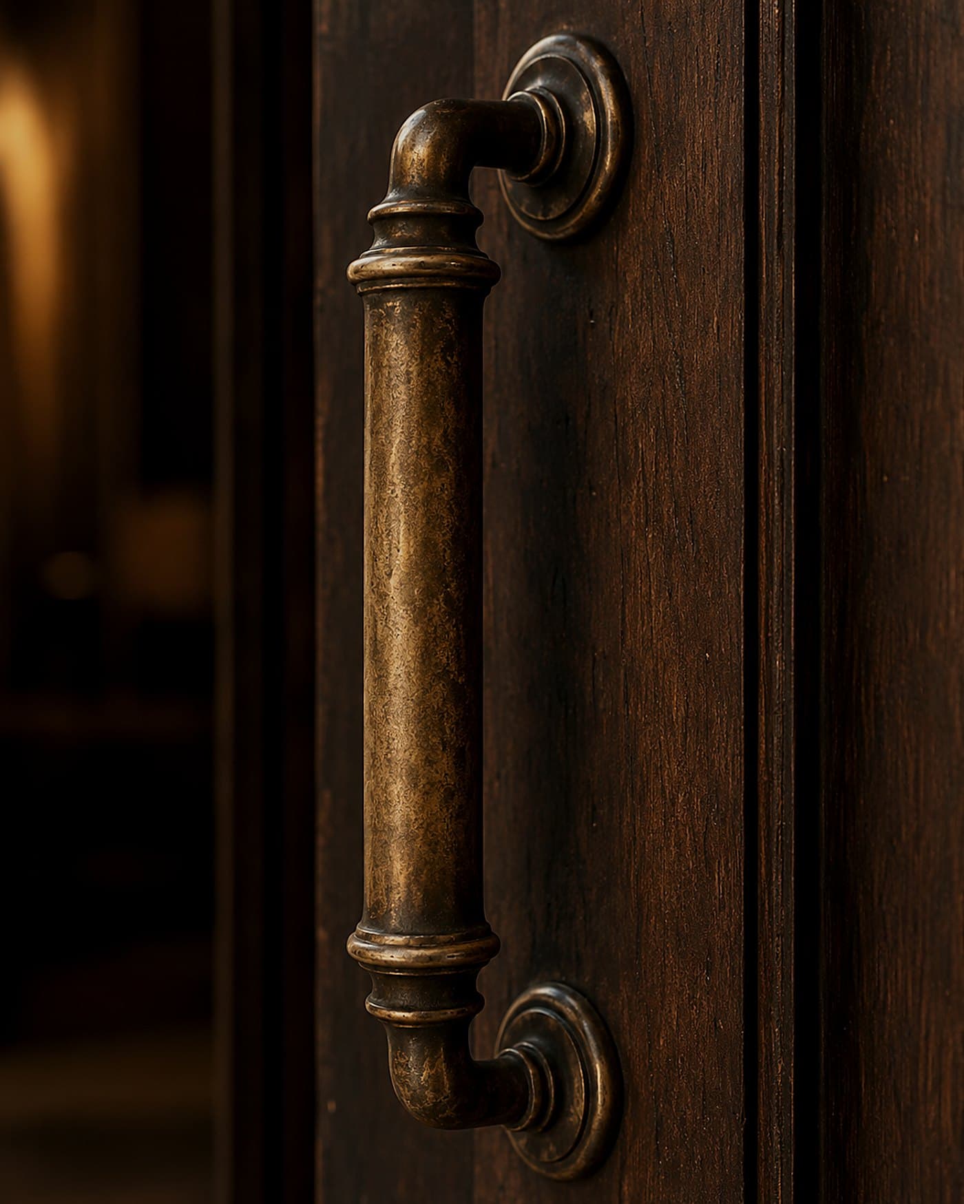 Aged bronze cylindrical door pull with warm patina against dark walnut grain — material study by LKYOOB