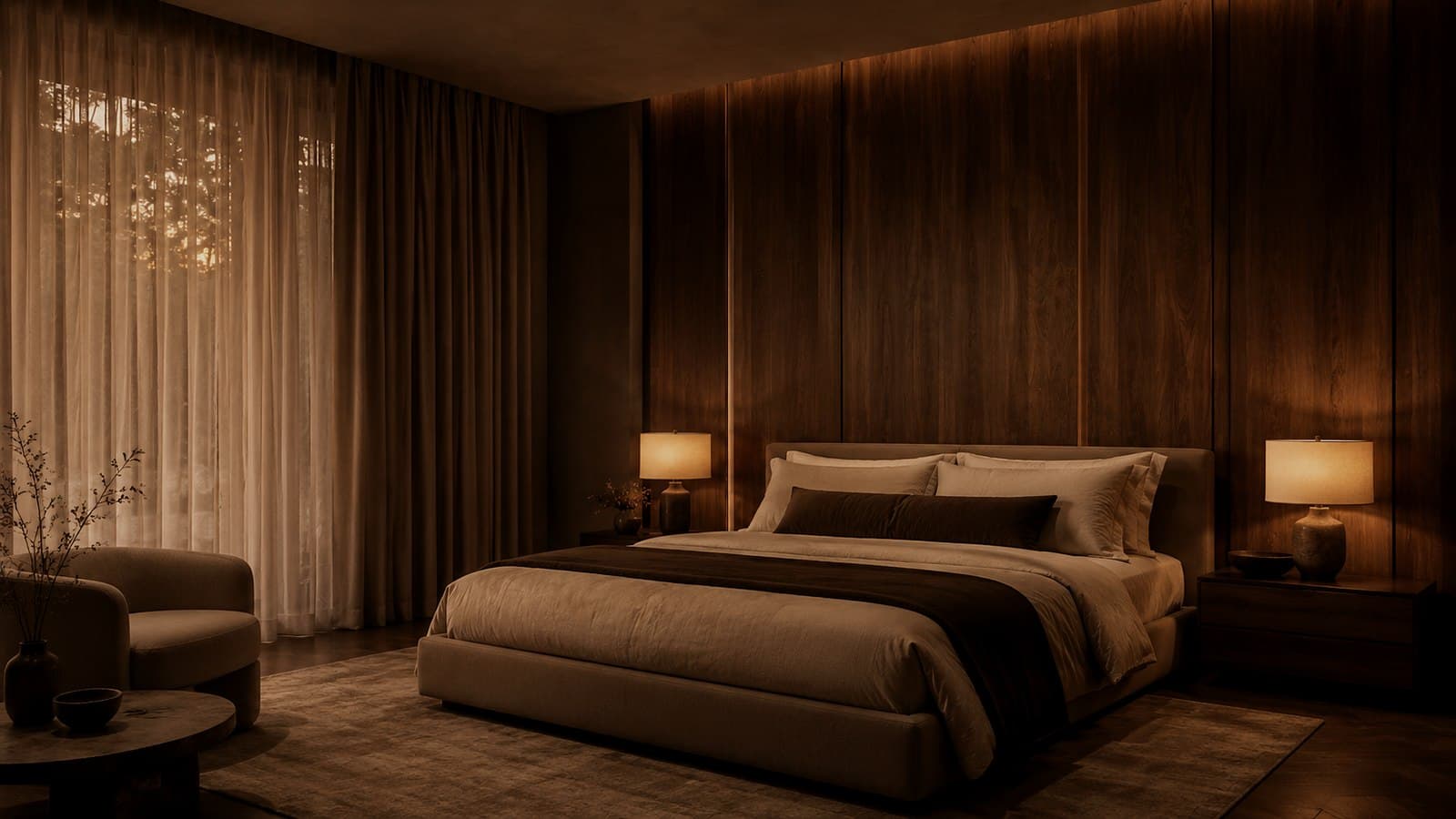 A master bedroom with full height walnut joinery