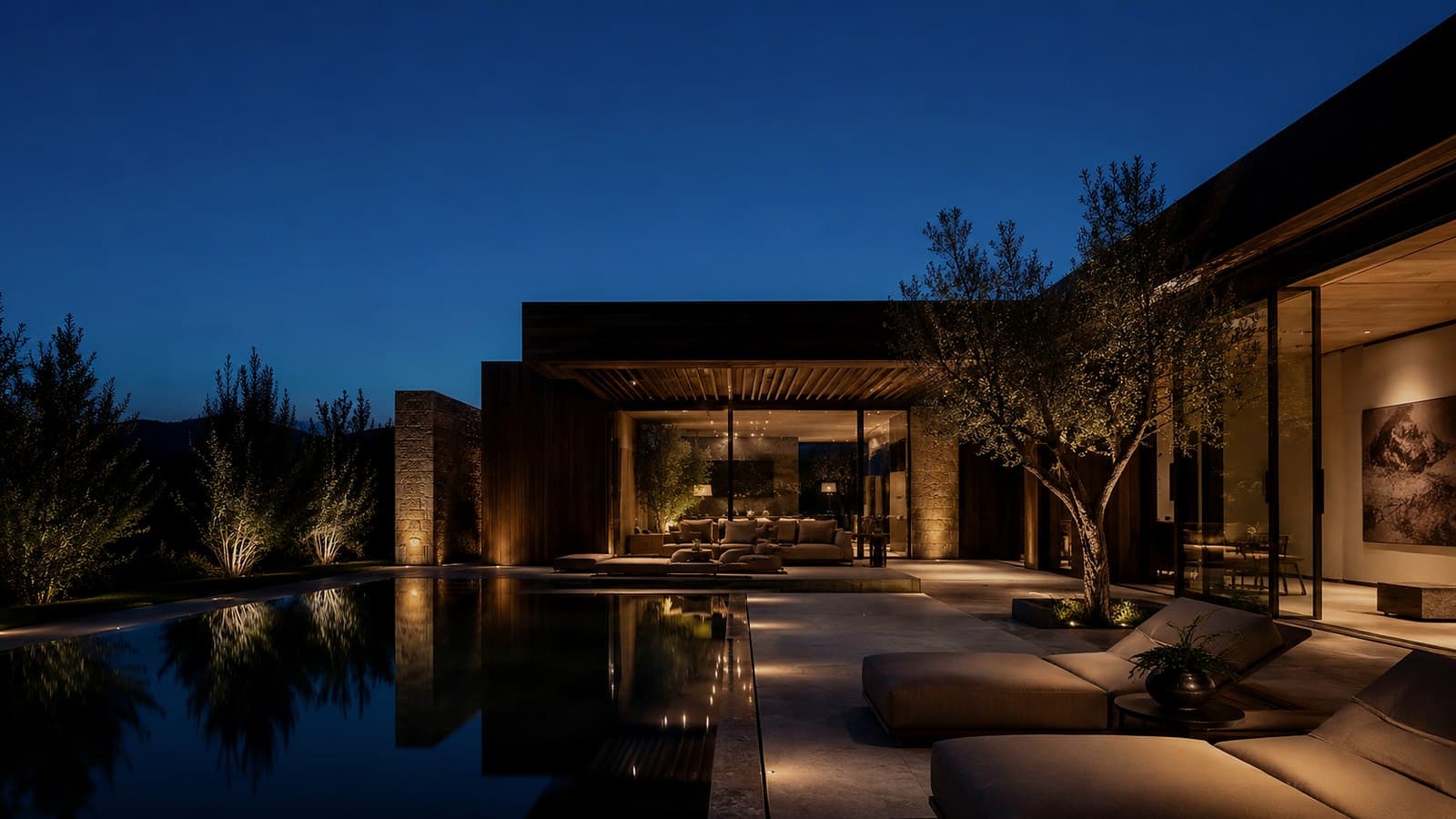 A villa pool terrace at blue hour, the house and its garden reading as one composition