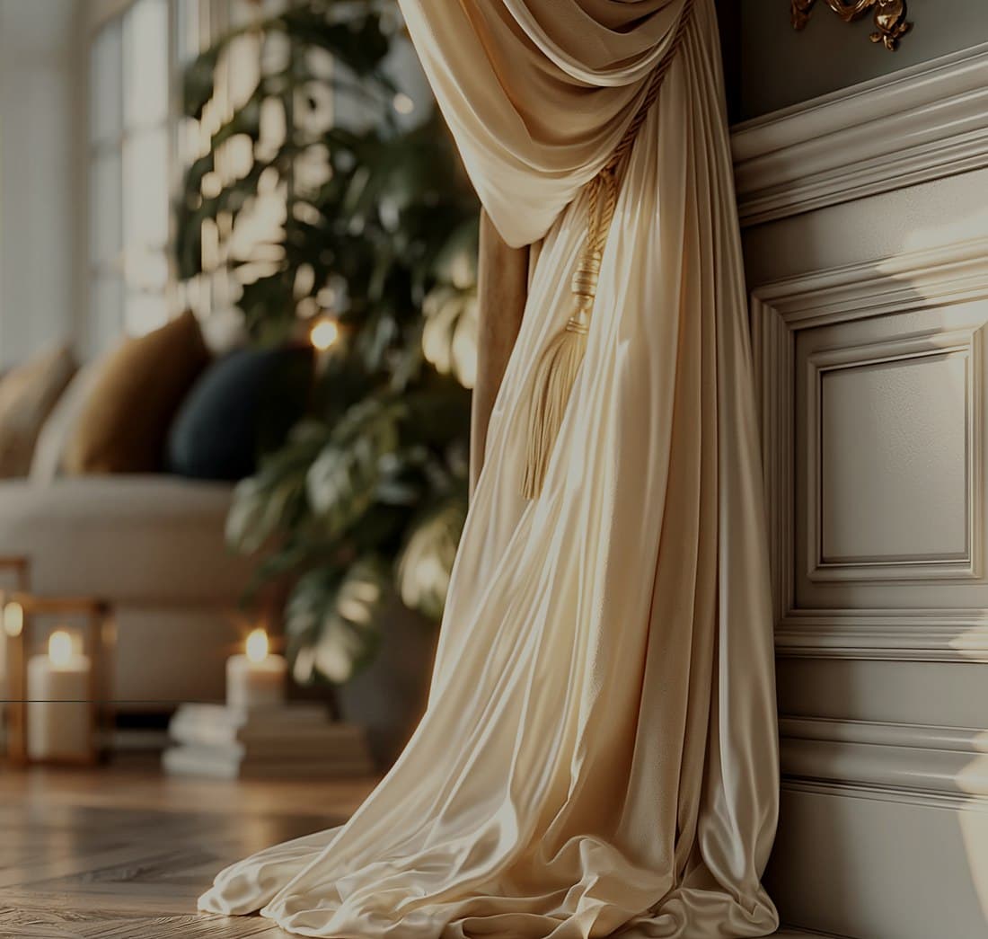 A detail of silk drapery and its heading