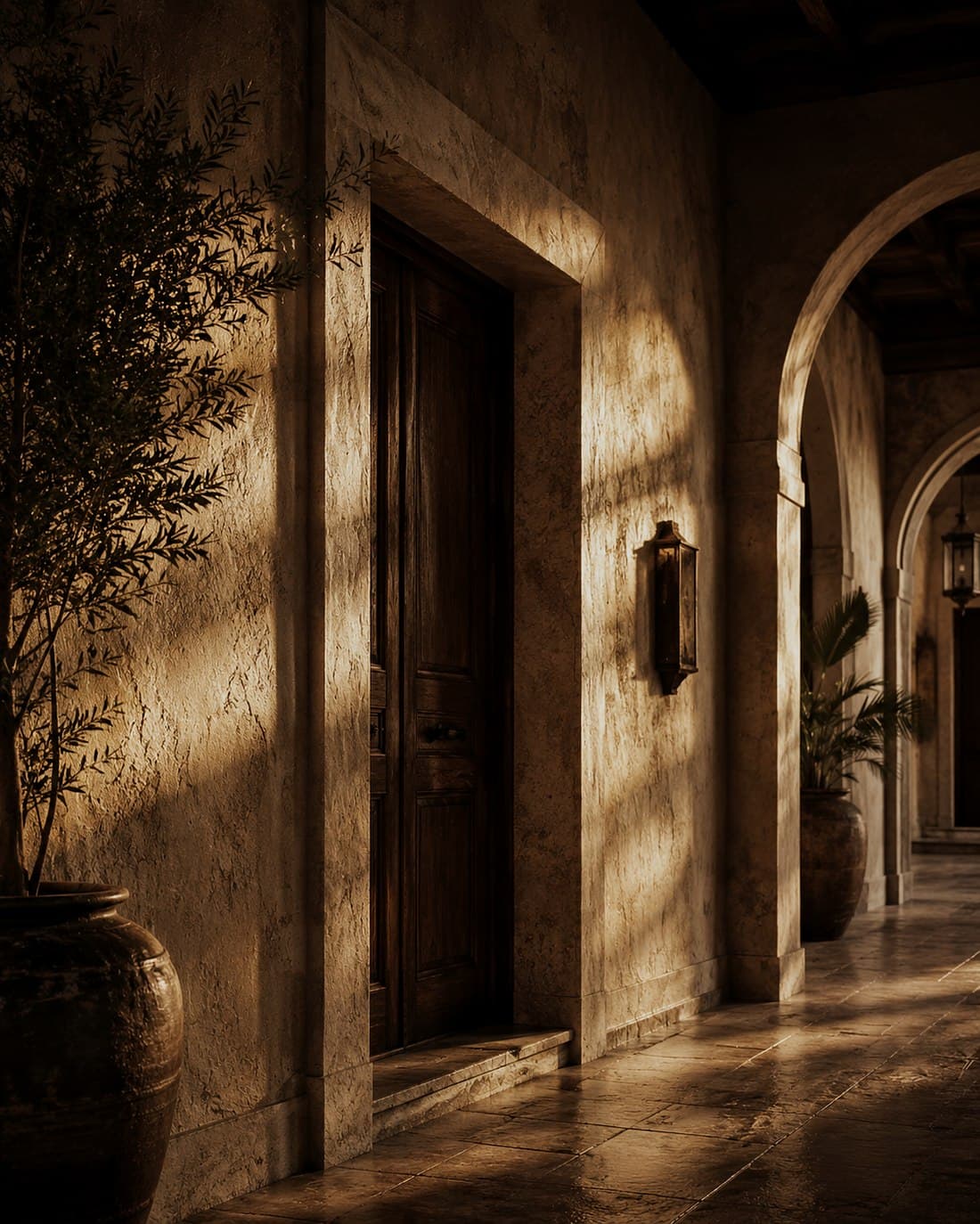 Stone corridor lit from a courtyard along its length