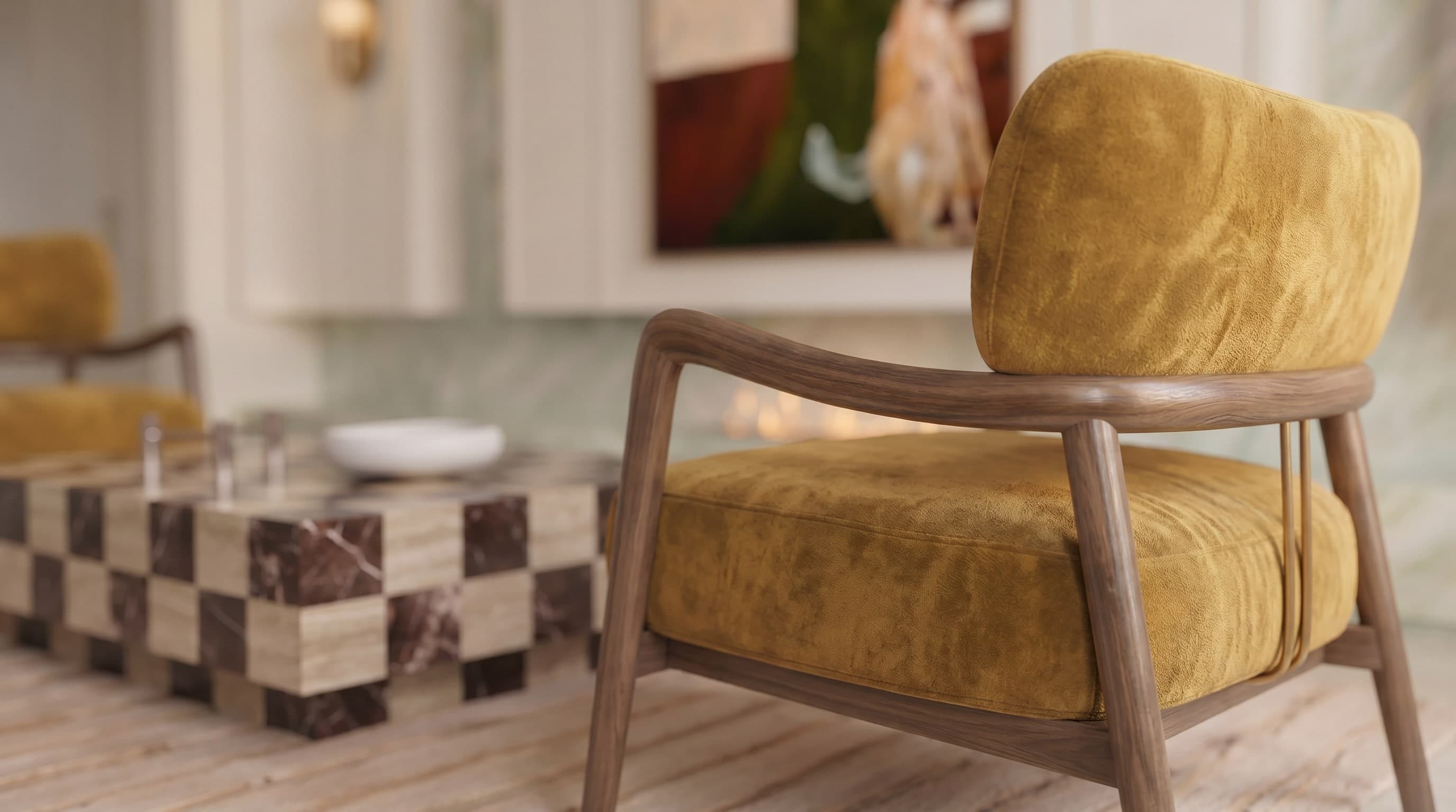 Close-up of a mustard velvet armchair on a sculpted walnut frame, a checkerboard marble table and fireplace glow softly blurred beyond — bespoke furnishing by LKYOOB