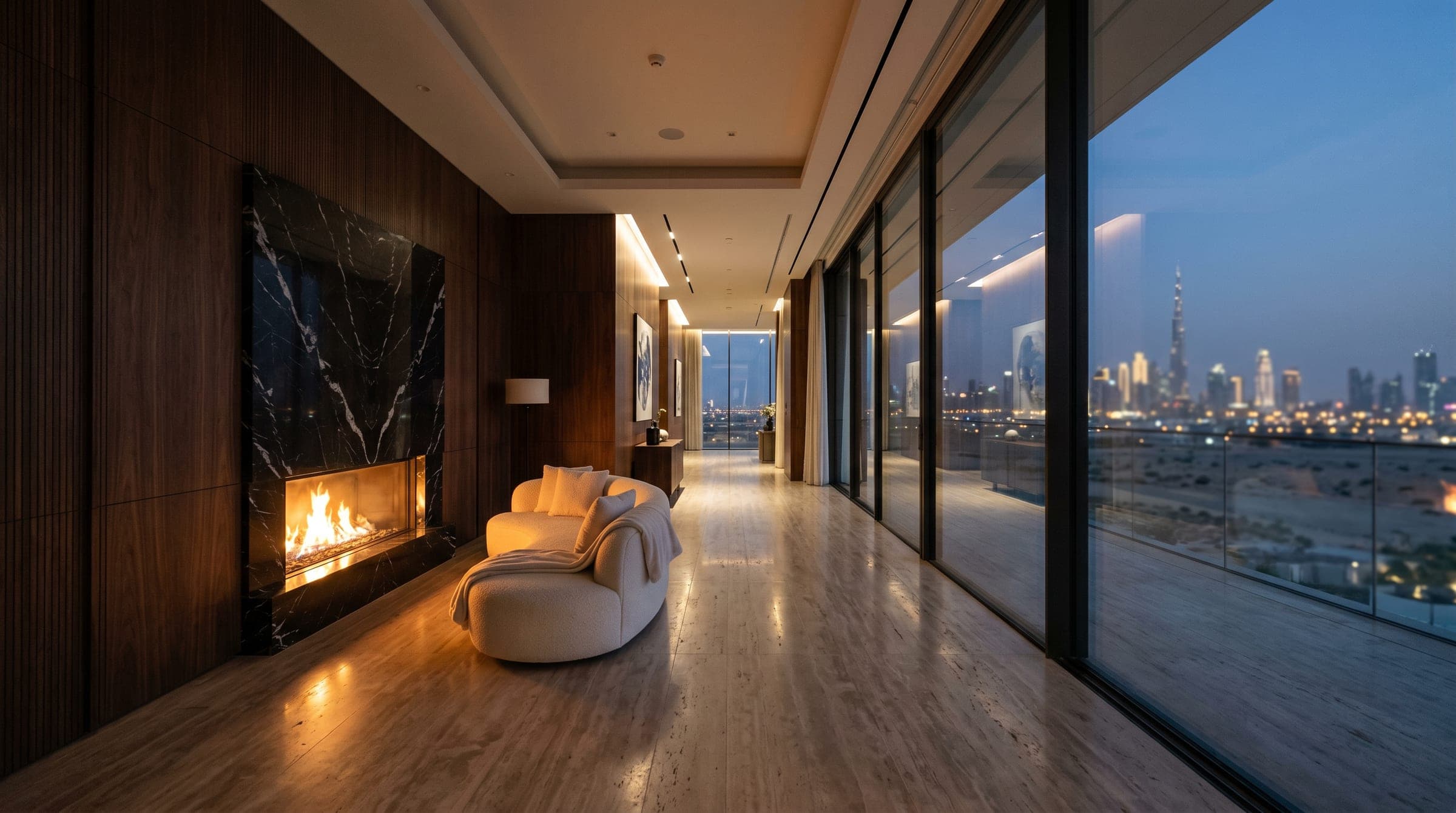 A double height living hall opening to a city skyline through floor to ceiling glass