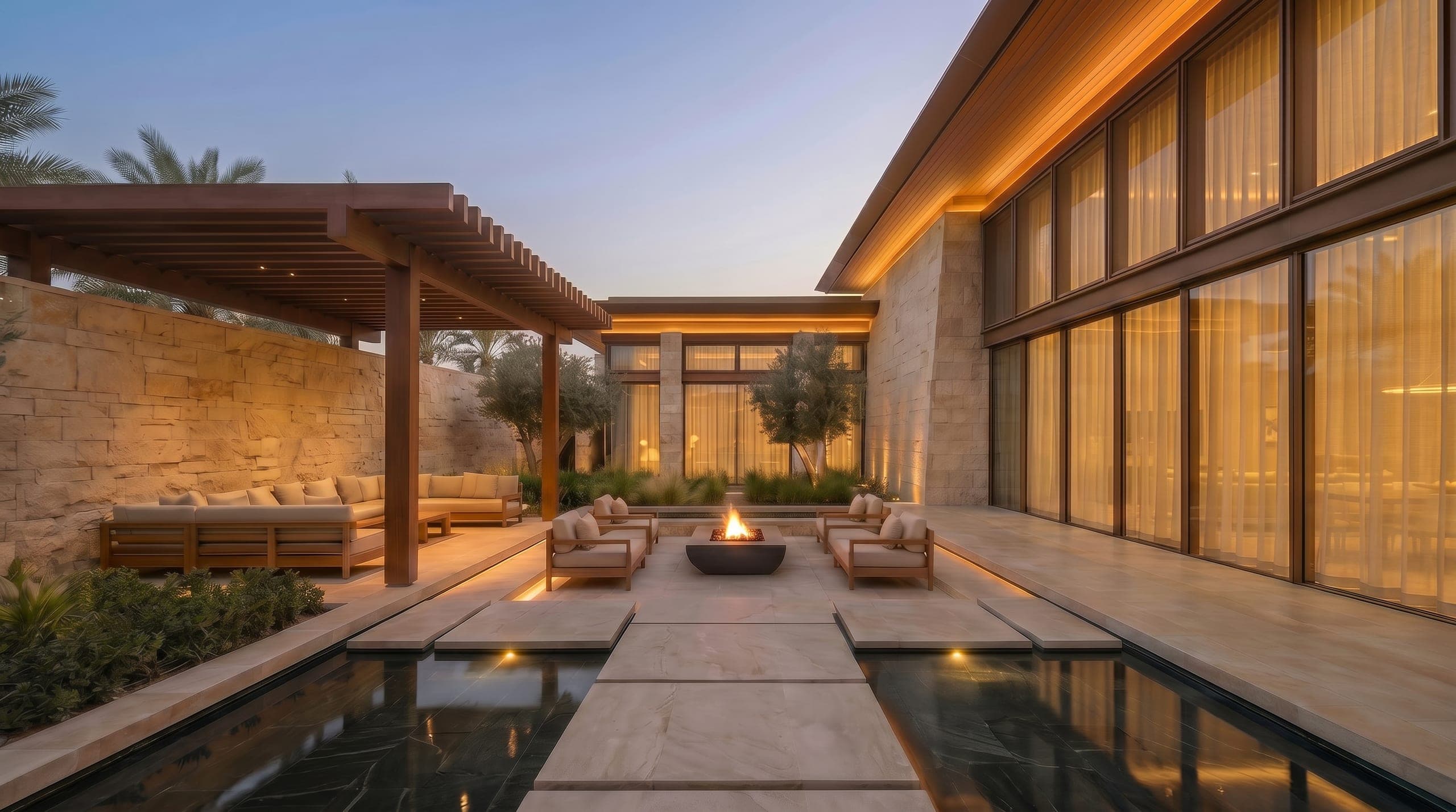 A villa courtyard terrace at dusk, the house and the ground it sits on reading as one composition
