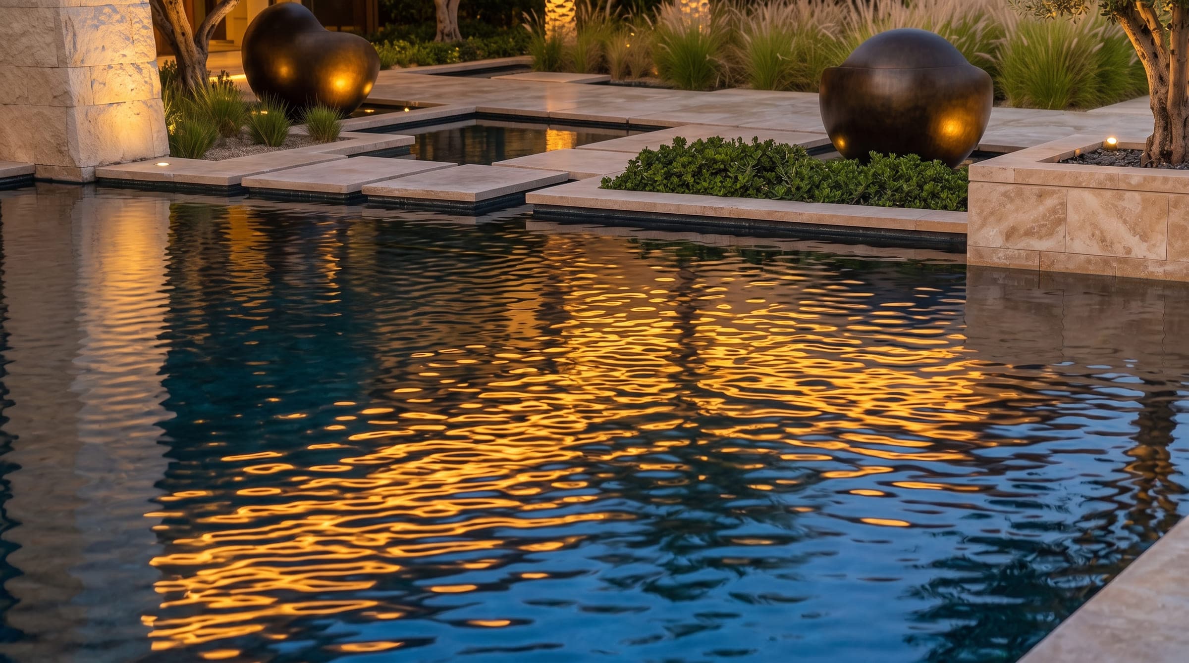Design visualisation of the pool at dusk with bronze spheres and planting along its stone edge, by LKYOOB