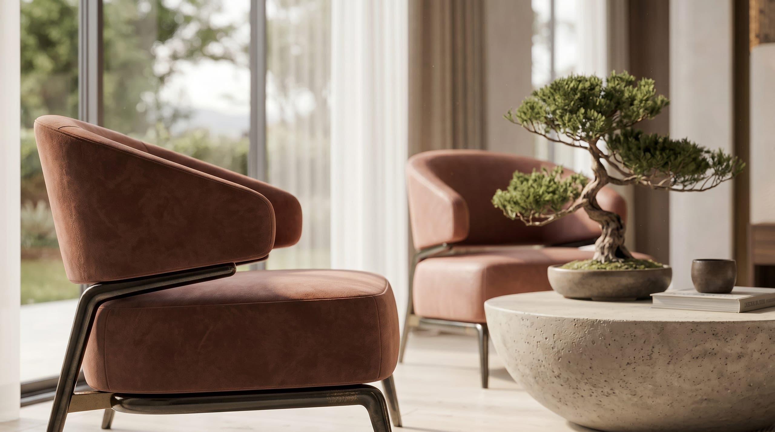 Terracotta velvet chairs arranged around a low table