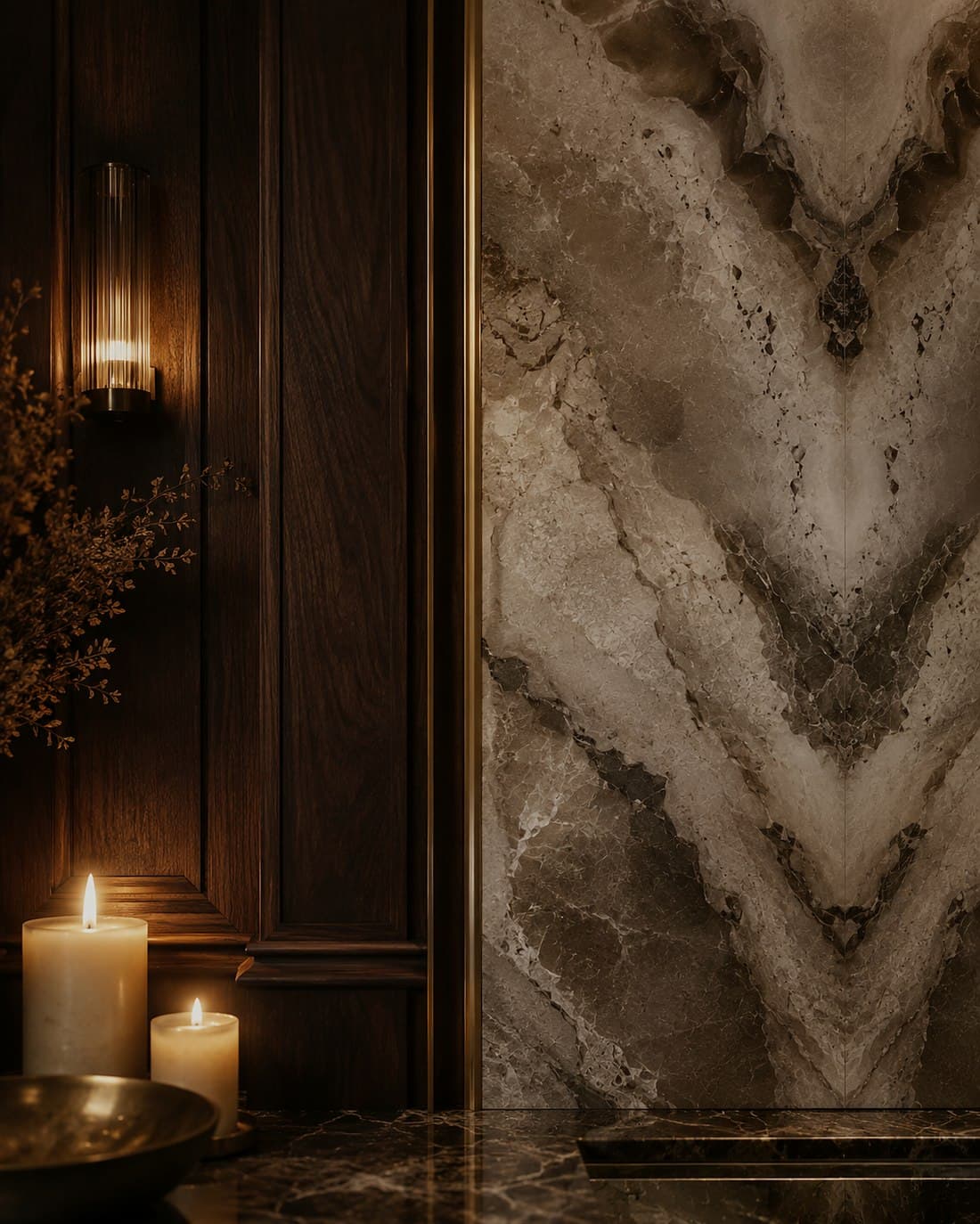 A material detail pairing marble with walnut