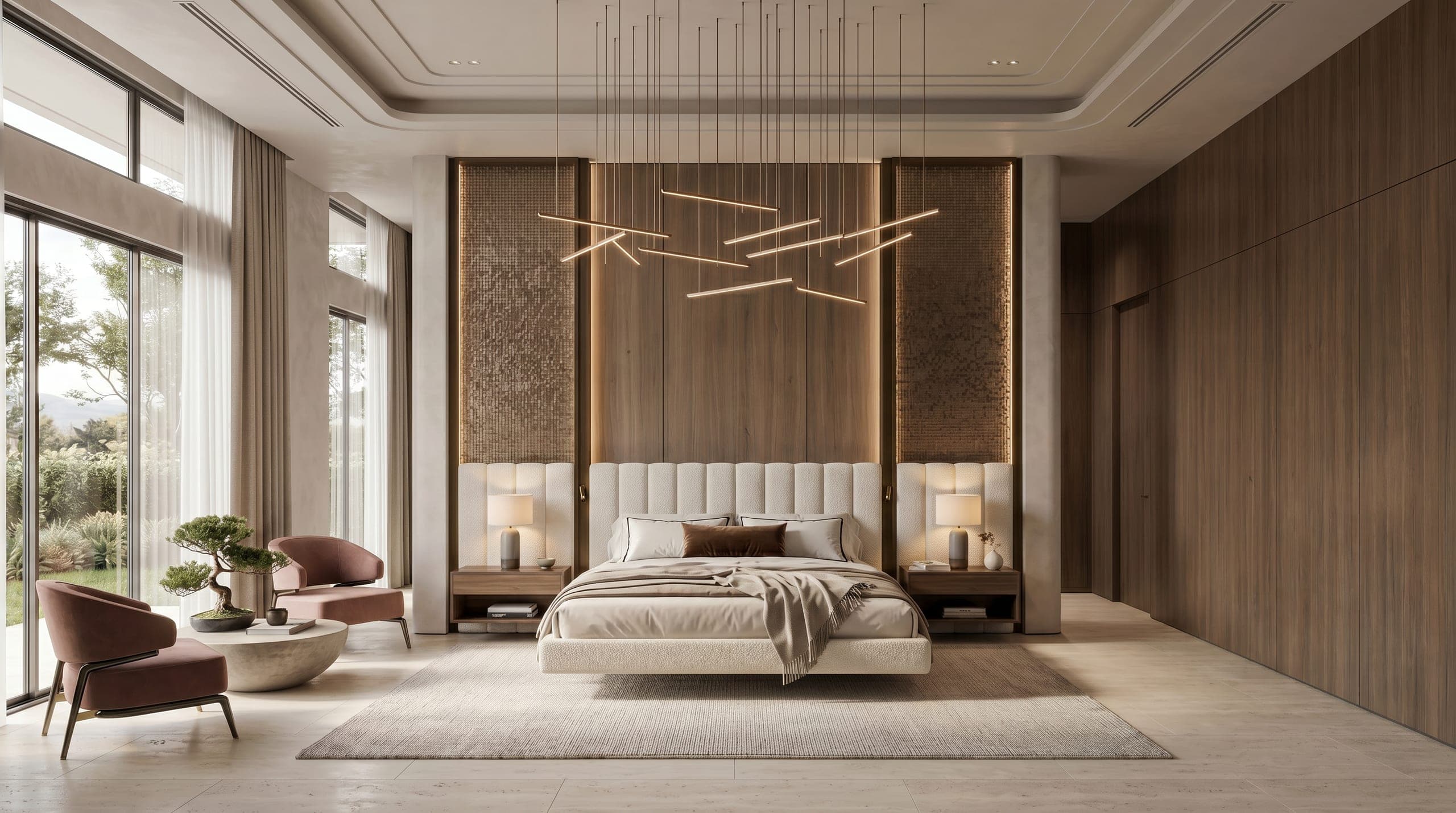 A master bedroom with walnut joinery and a linear chandelier