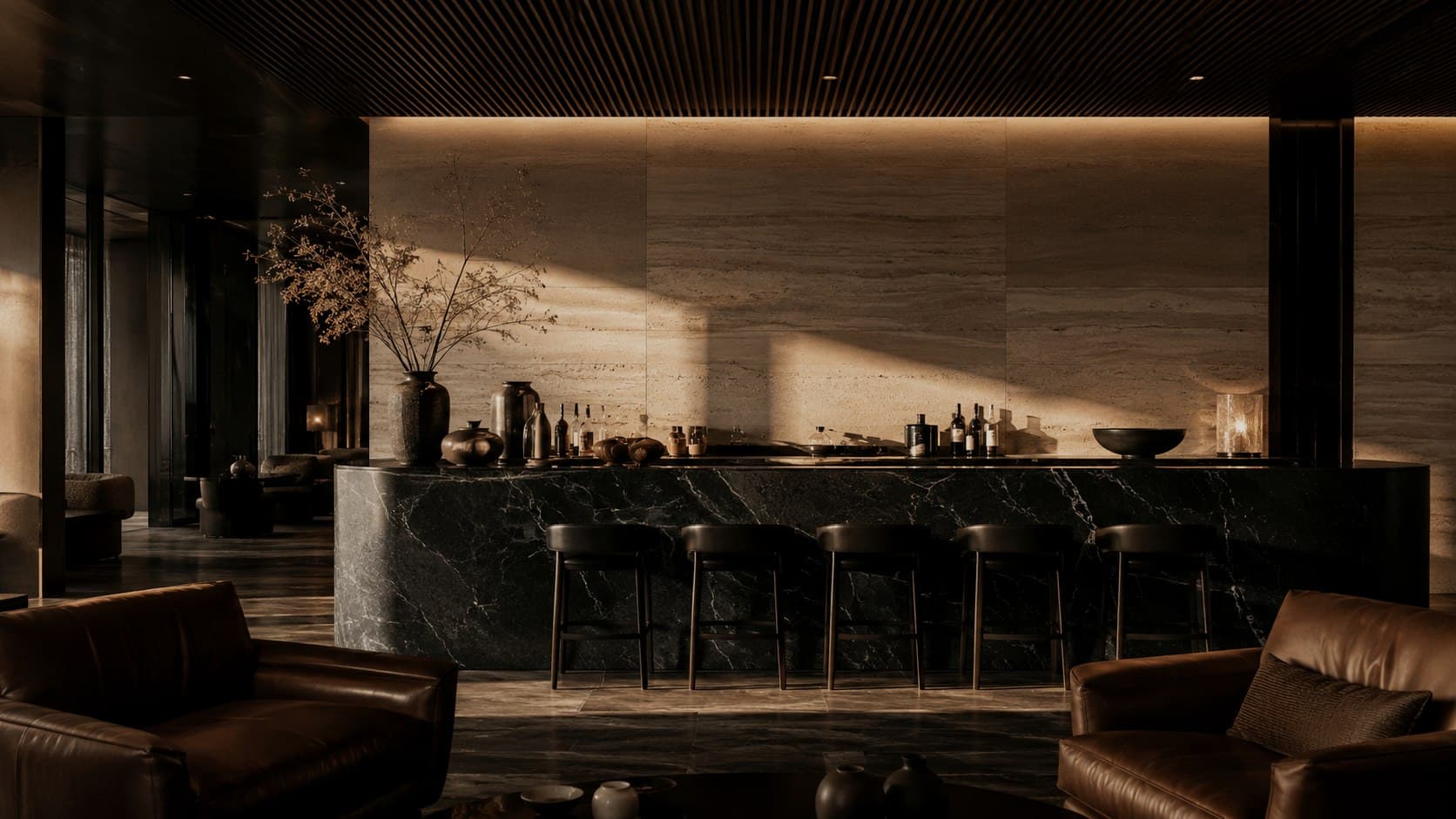 A penthouse lounge with a marble bar