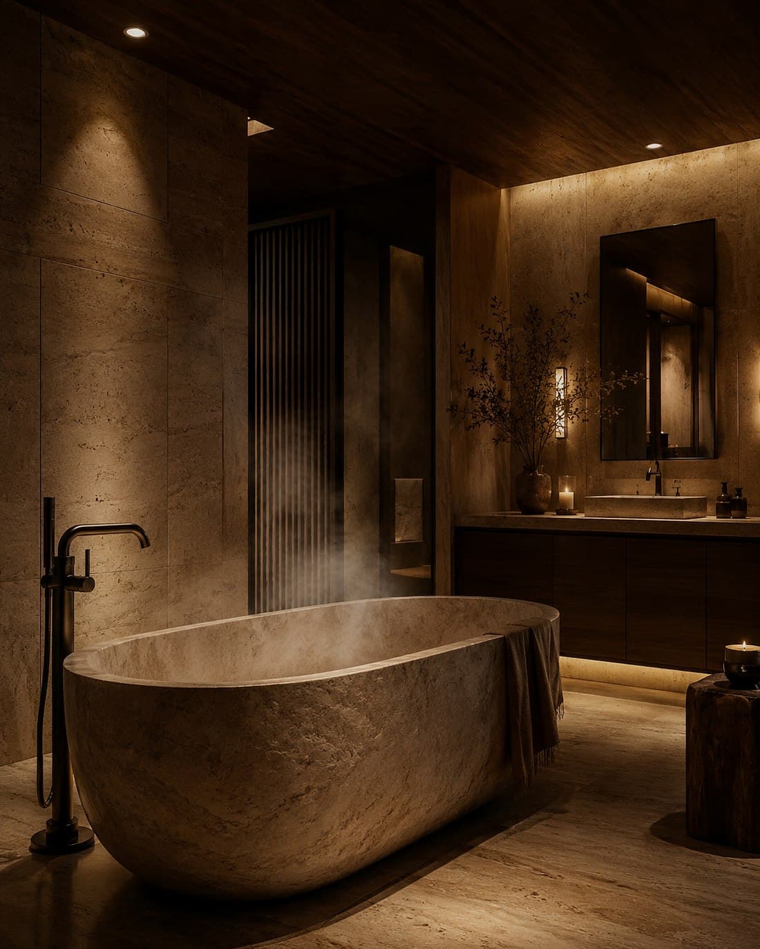 A travertine lined bathroom in a penthouse